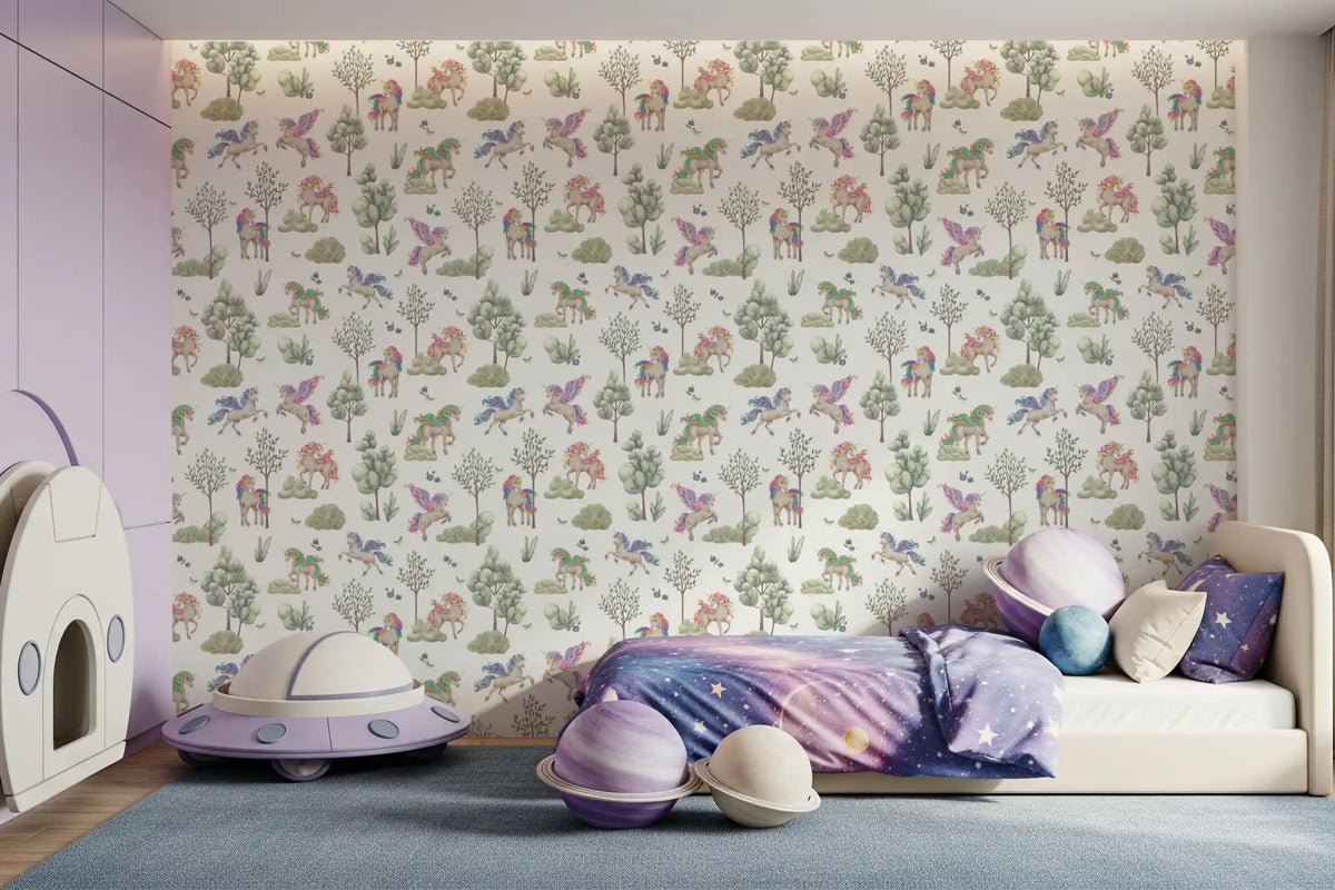 Unicorn forest wallpaper shown flat with pastel unicorns and butterflies GD12408