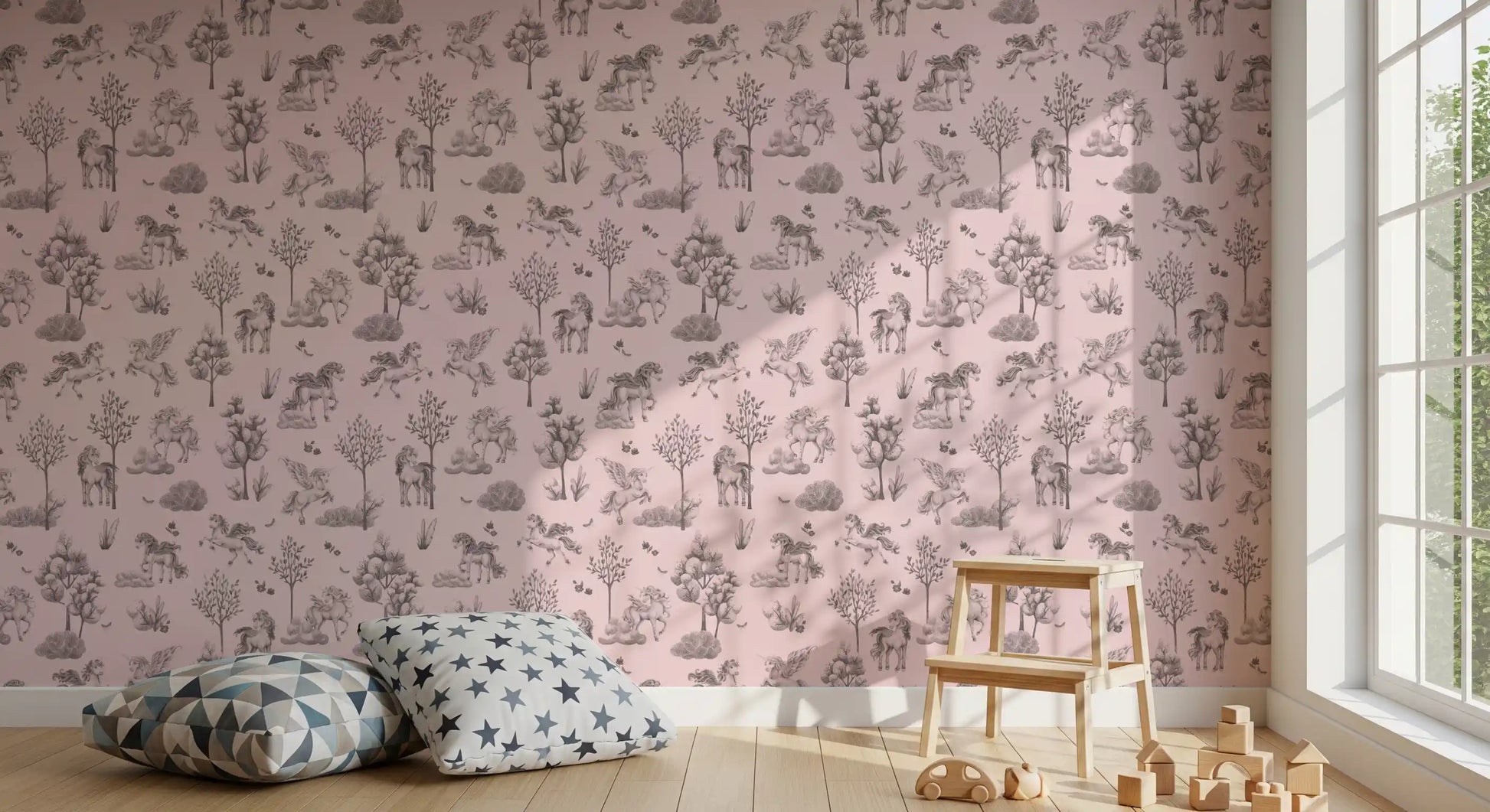 Enchanted Unicorn Forest in Blush Wallpaper⁠