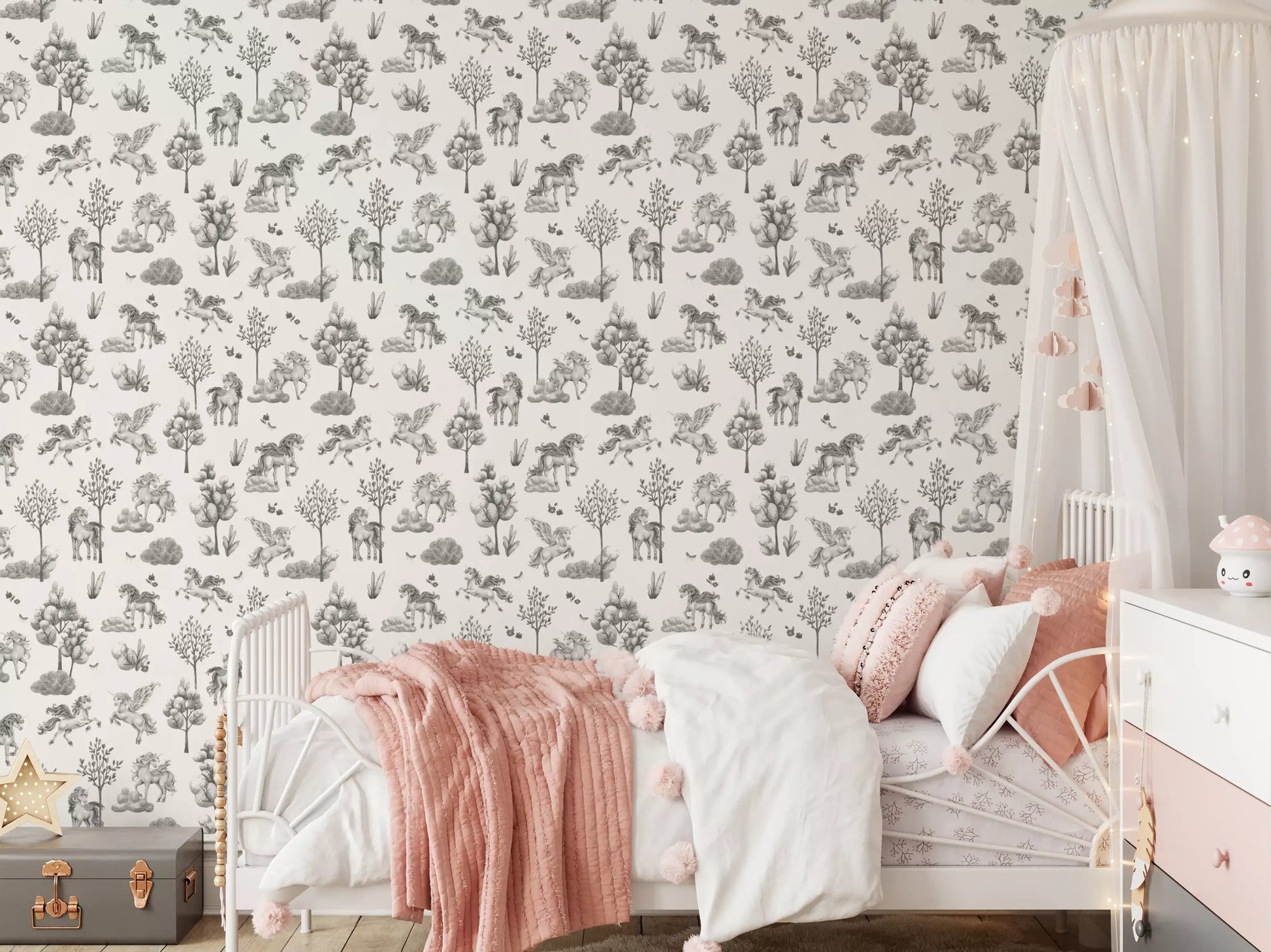 Monochrome Enchanted Forest Creatures Wallpaper⁠