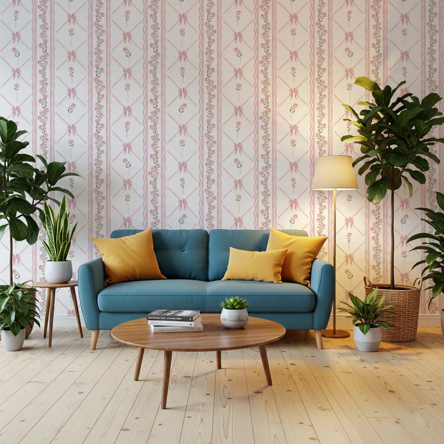 Soft Pink Ribbon and Floral Trellis Wallpaper⁠