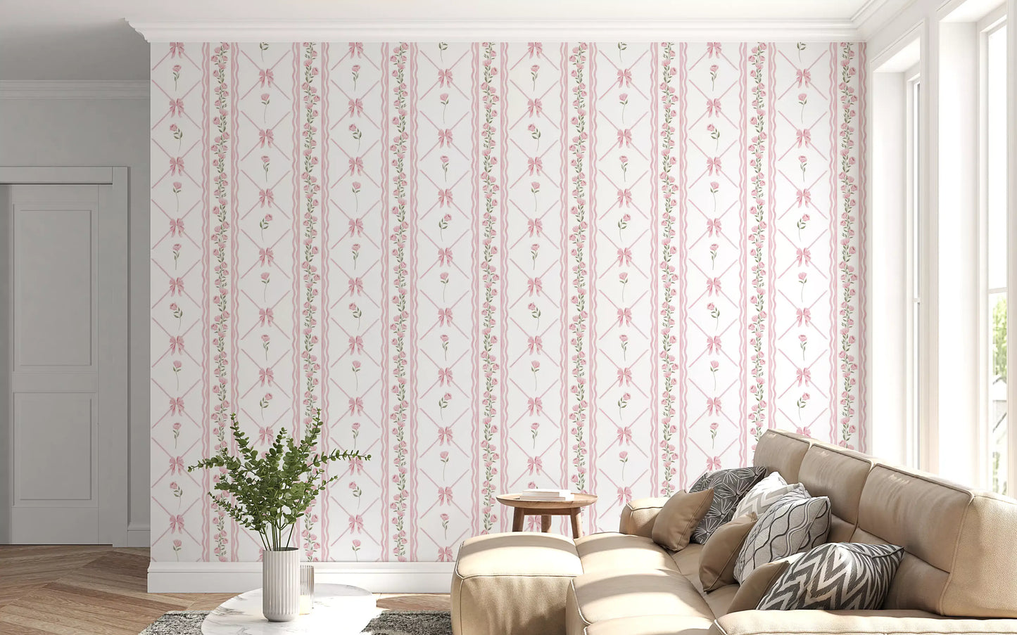 Soft Pink Ribbon and Floral Trellis Wallpaper⁠