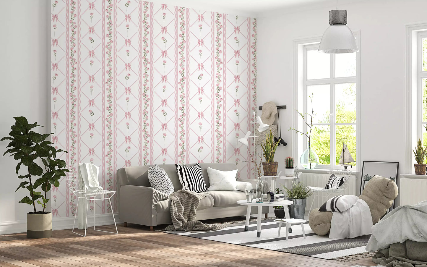 Soft Pink Ribbon and Floral Trellis Wallpaper⁠
