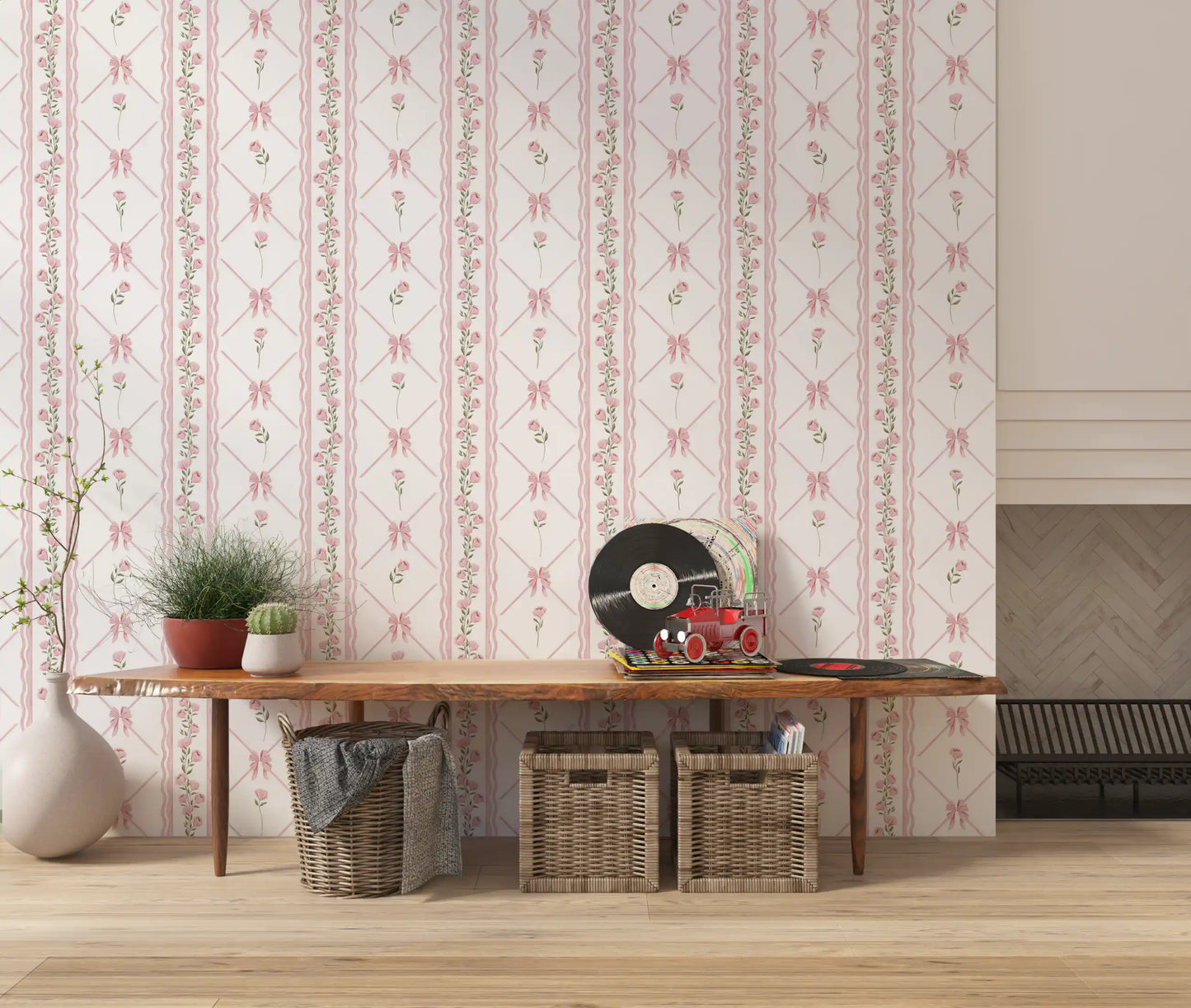 Soft Pink Ribbon and Floral Trellis Wallpaper⁠