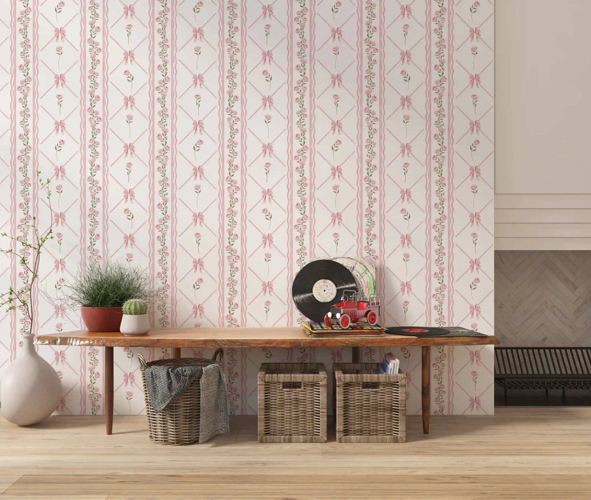 Soft Pink Ribbon and Floral Trellis Wallpaper⁠