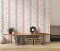 Soft Pink Ribbon and Floral Trellis Wallpaper⁠