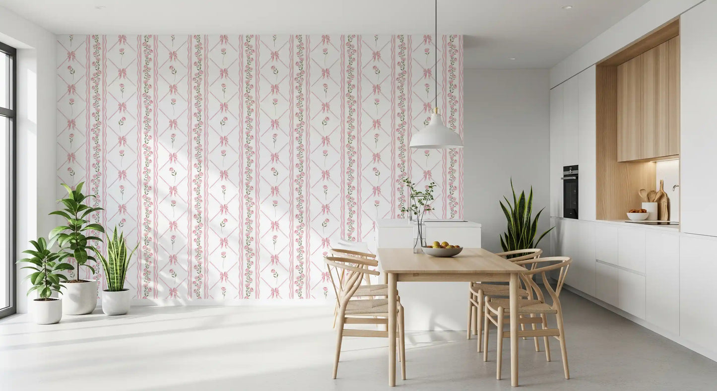 Soft Pink Ribbon and Floral Trellis Wallpaper⁠