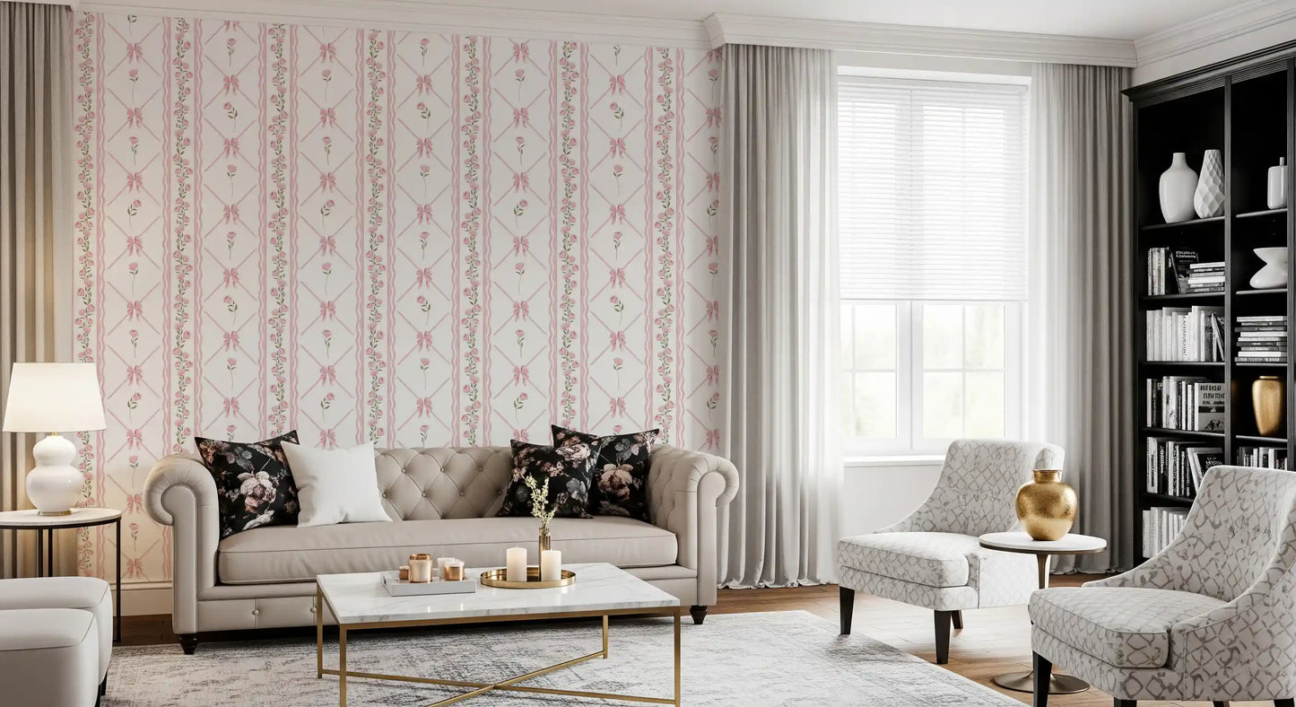 Soft Pink Ribbon and Floral Trellis Wallpaper⁠