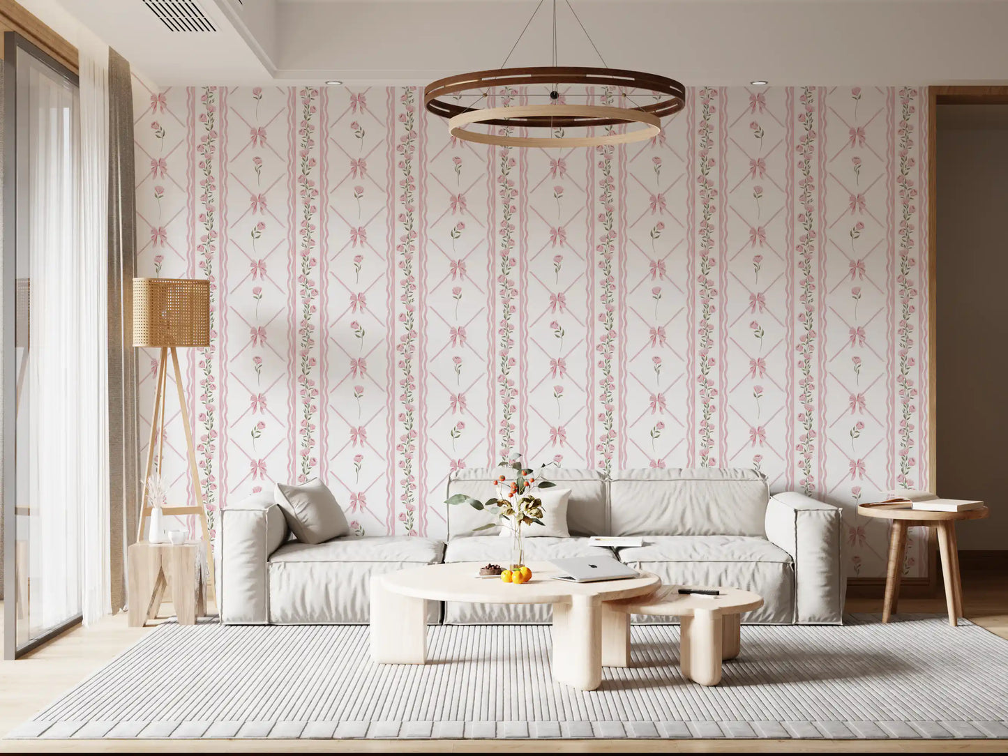 Soft Pink Ribbon and Floral Trellis Wallpaper⁠