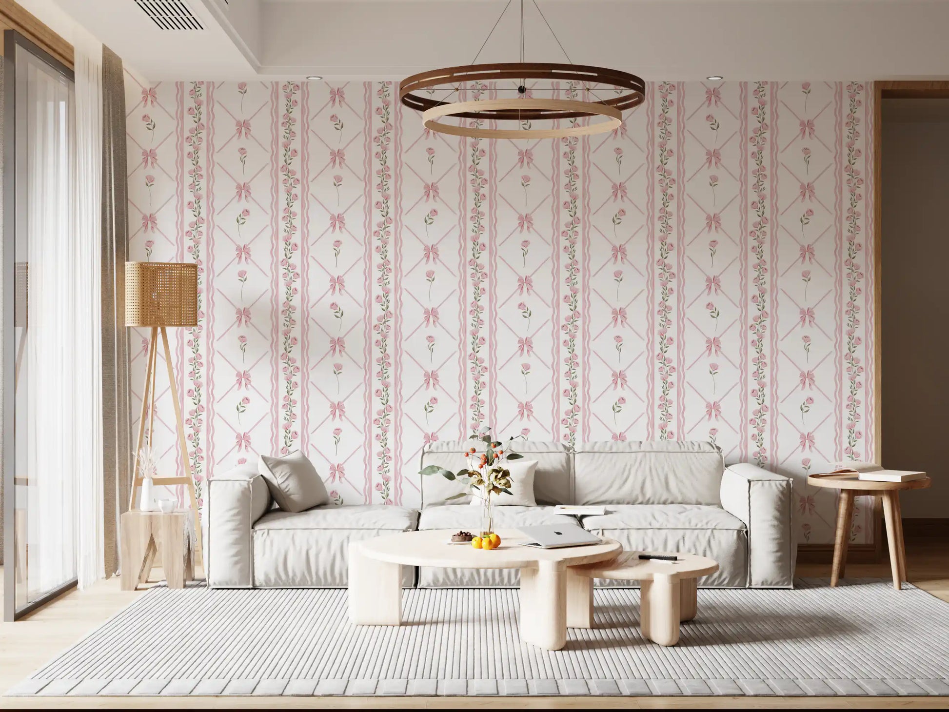 Soft Pink Ribbon and Floral Trellis Wallpaper⁠
