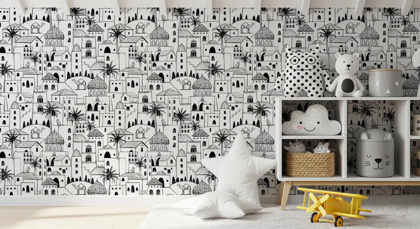Middle Eastern Desert Town Sketch Wallpaper⁠