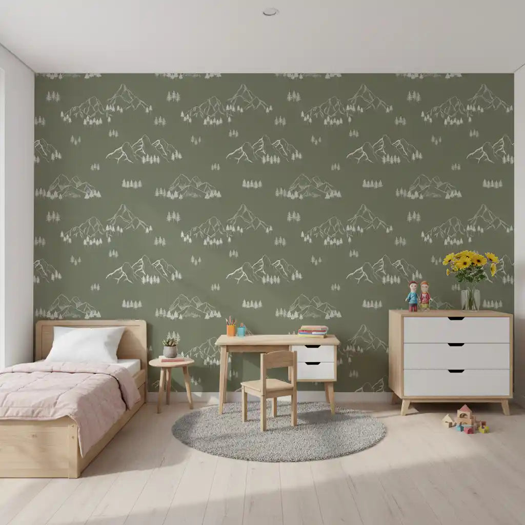 Sage green mountain sketch wallpaper in a girls' bedroom with a pink bed GD12420