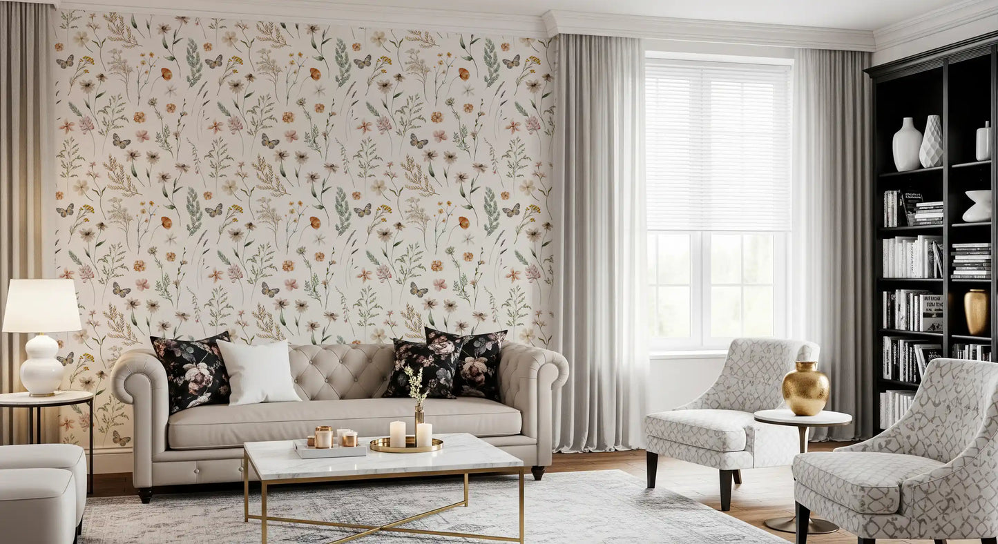 Rustic Meadow Botanical Sketch Wallpaper⁠