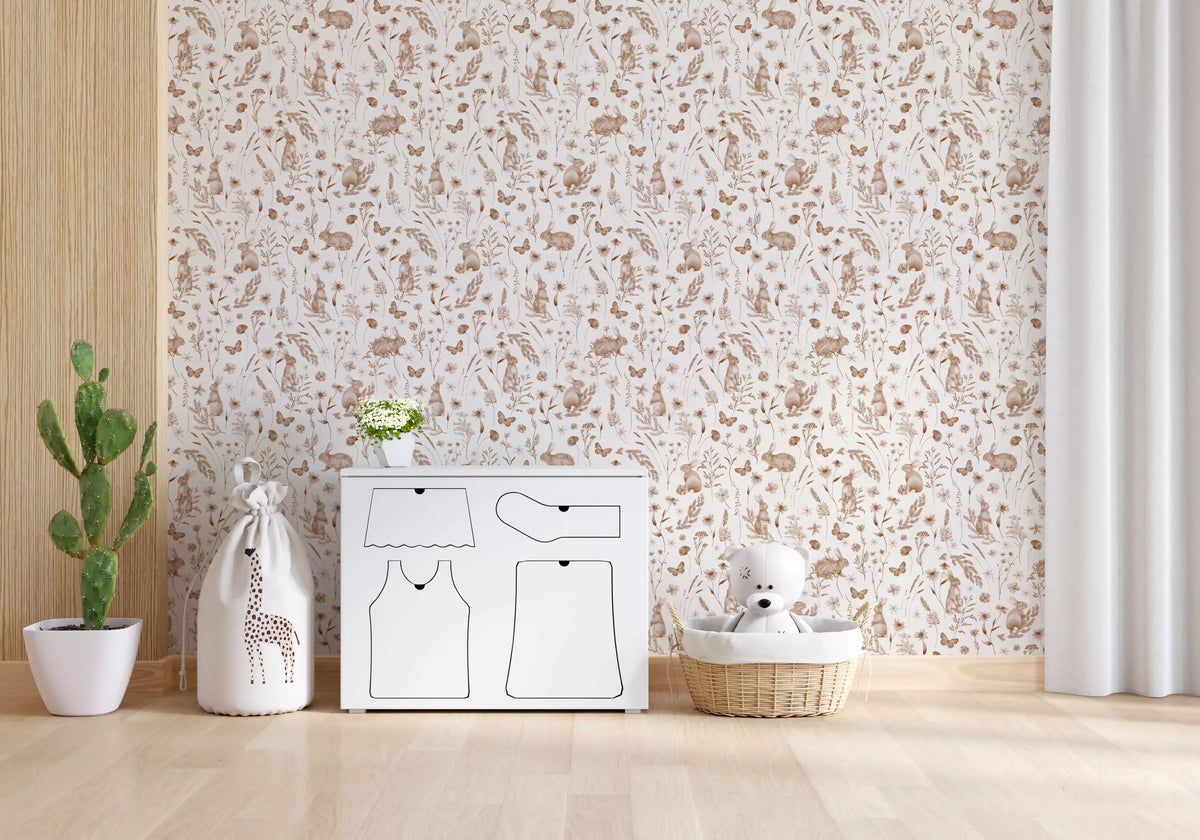 Sepia rabbit meadow wallpaper in a soft nursery with a white dresser GD12426