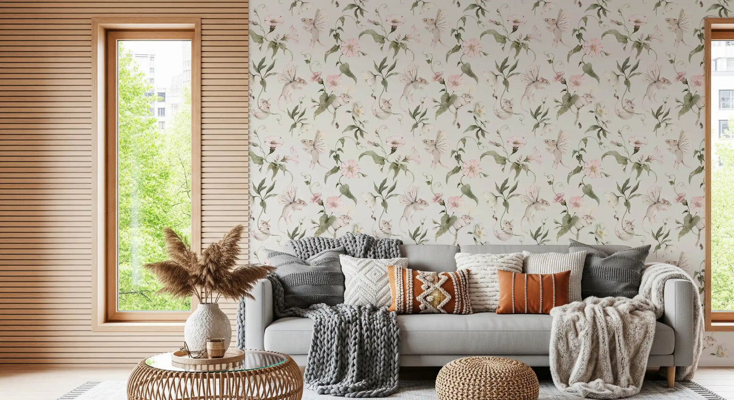 Enchanted Floral Meadow with Fairies Wallpaper⁠