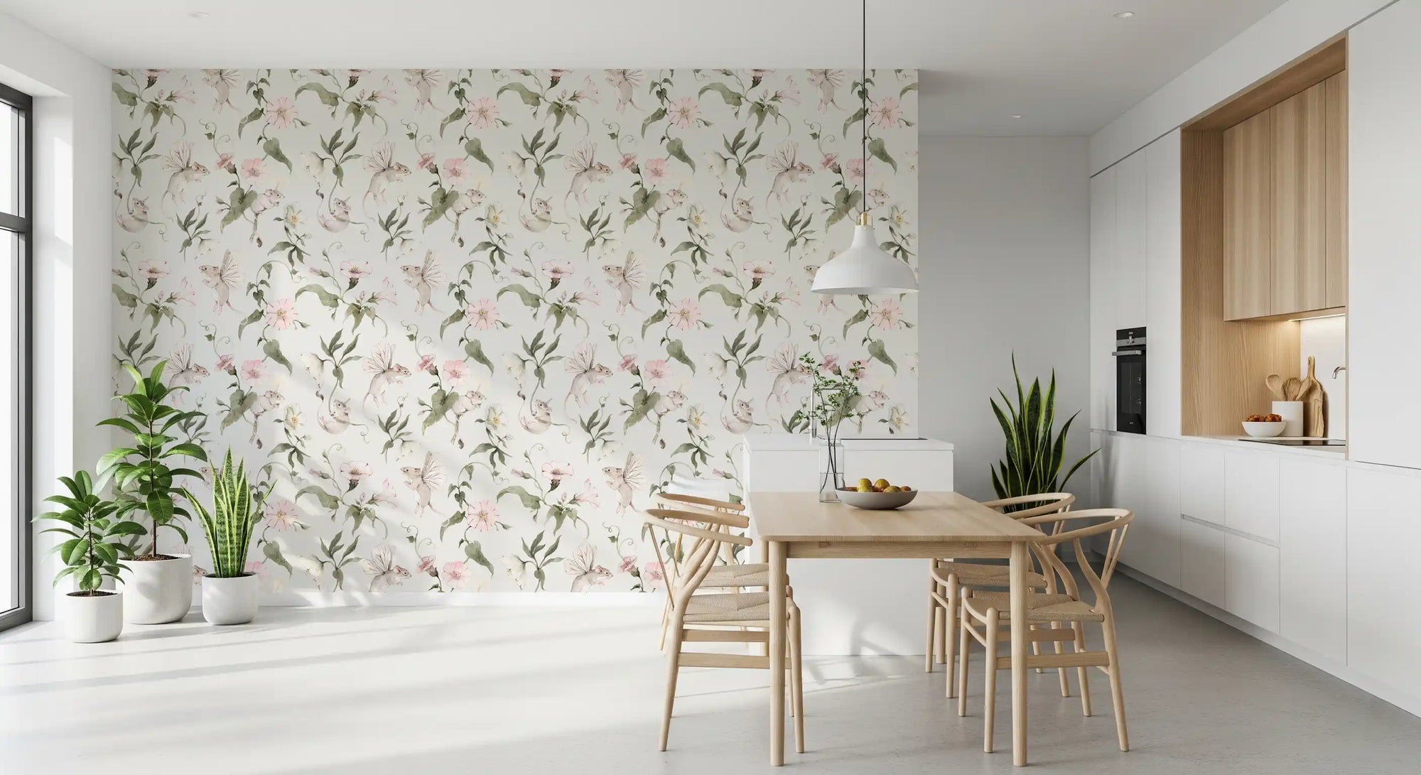 Fairy floral meadow wallpaper in a bright kitchen dining area GD12427