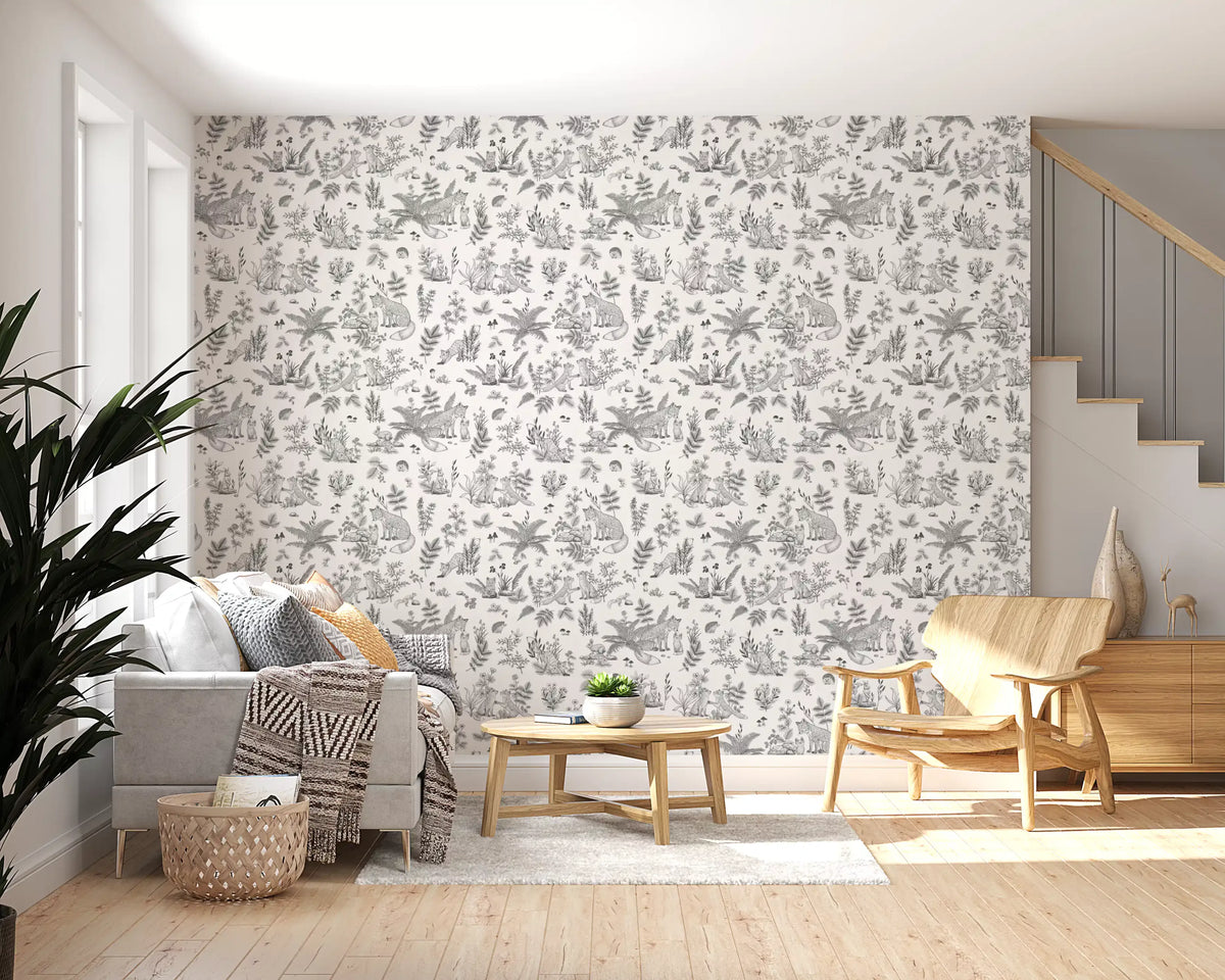 Monochrome forest friends wallpaper in a living room with a grey sofa GD12428