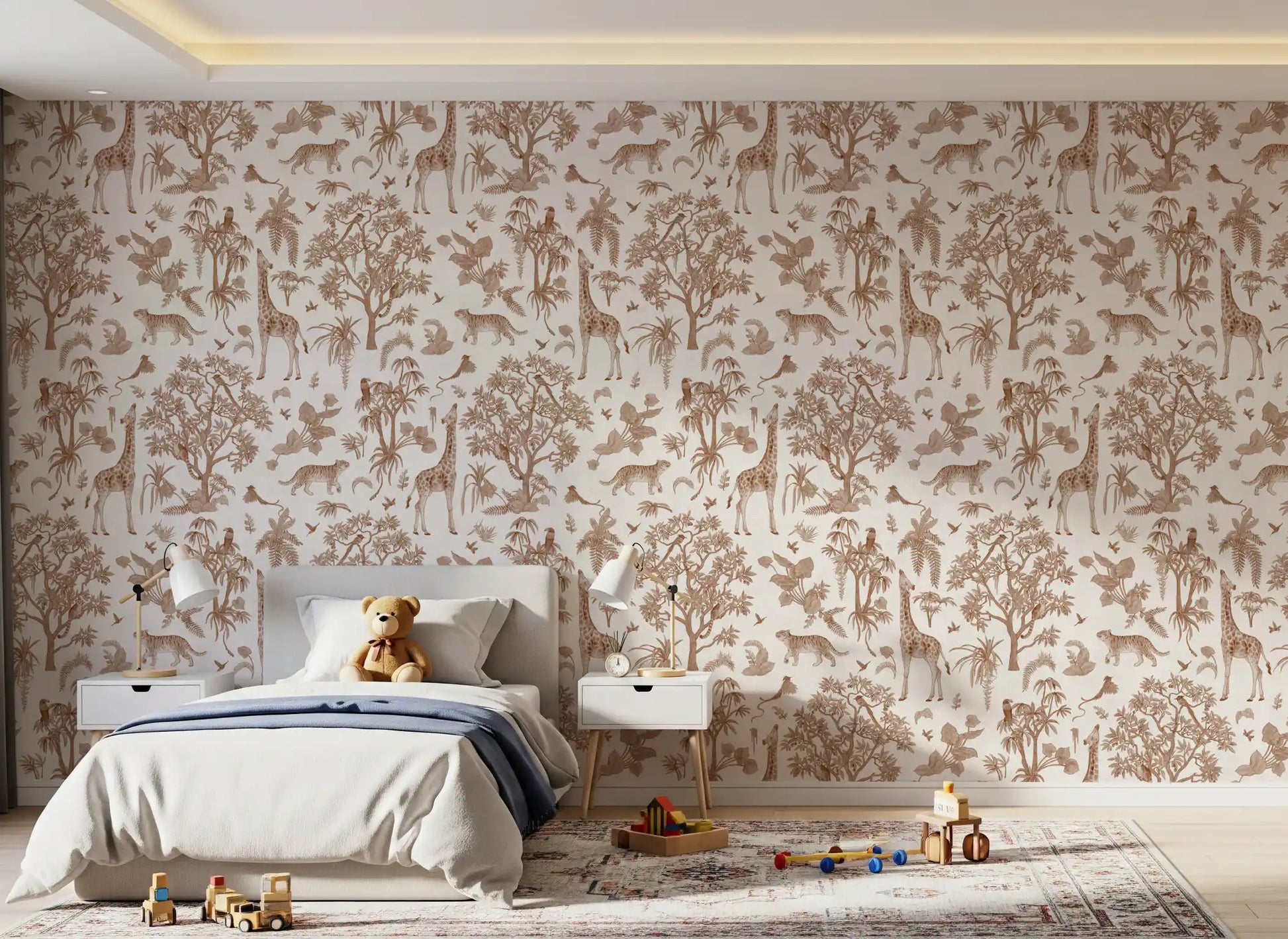 Monochromatic Wildlife Jungle Toile Wallpaper⁠