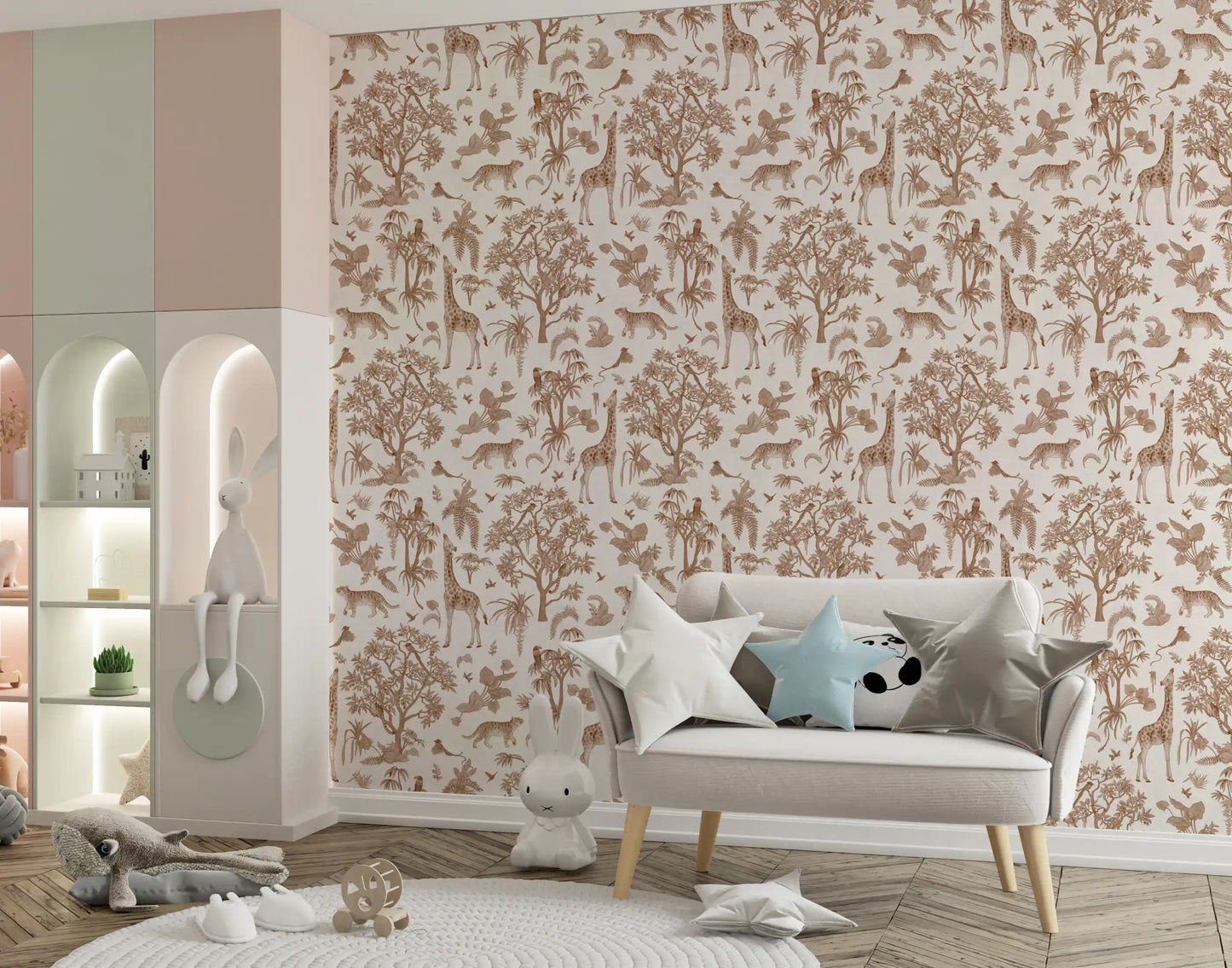 Monochromatic Wildlife Jungle Toile Wallpaper⁠