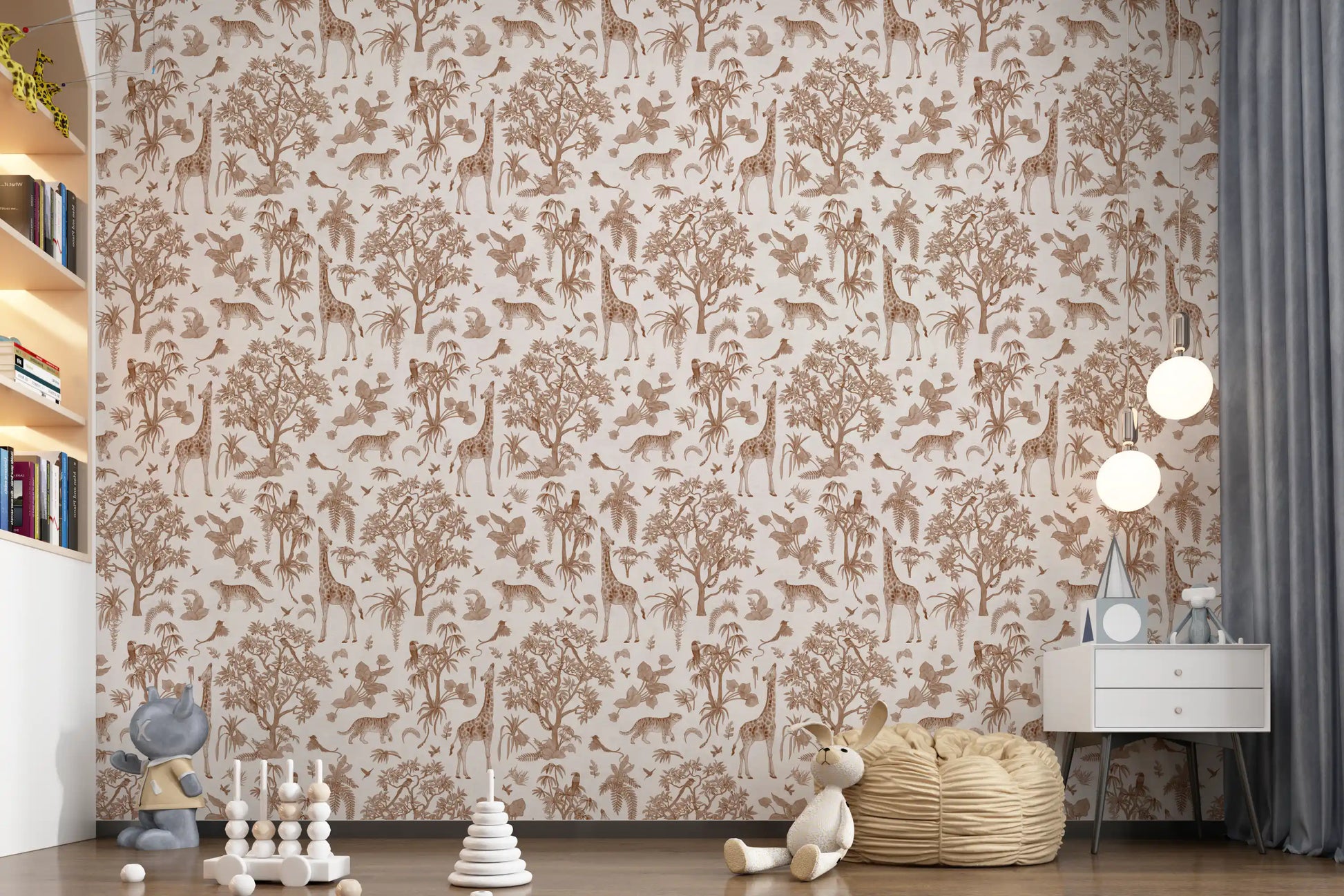Monochromatic Wildlife Jungle Toile Wallpaper⁠