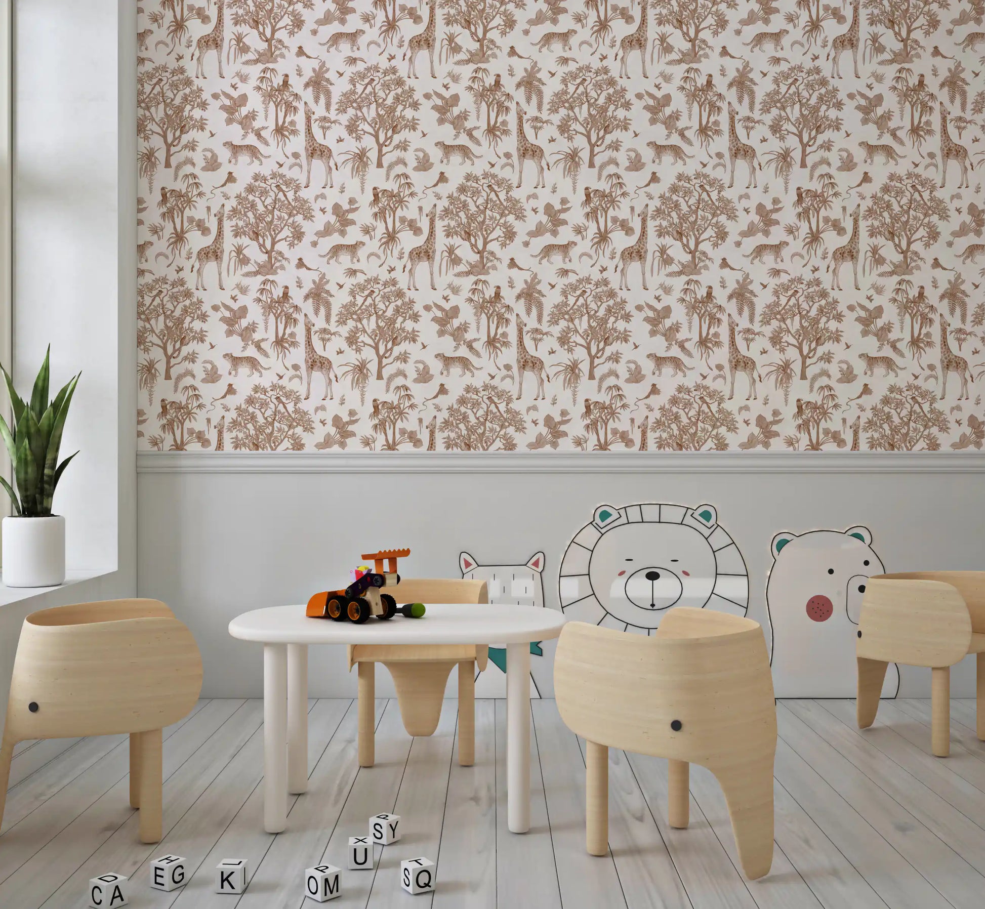 Monochromatic Wildlife Jungle Toile Wallpaper⁠