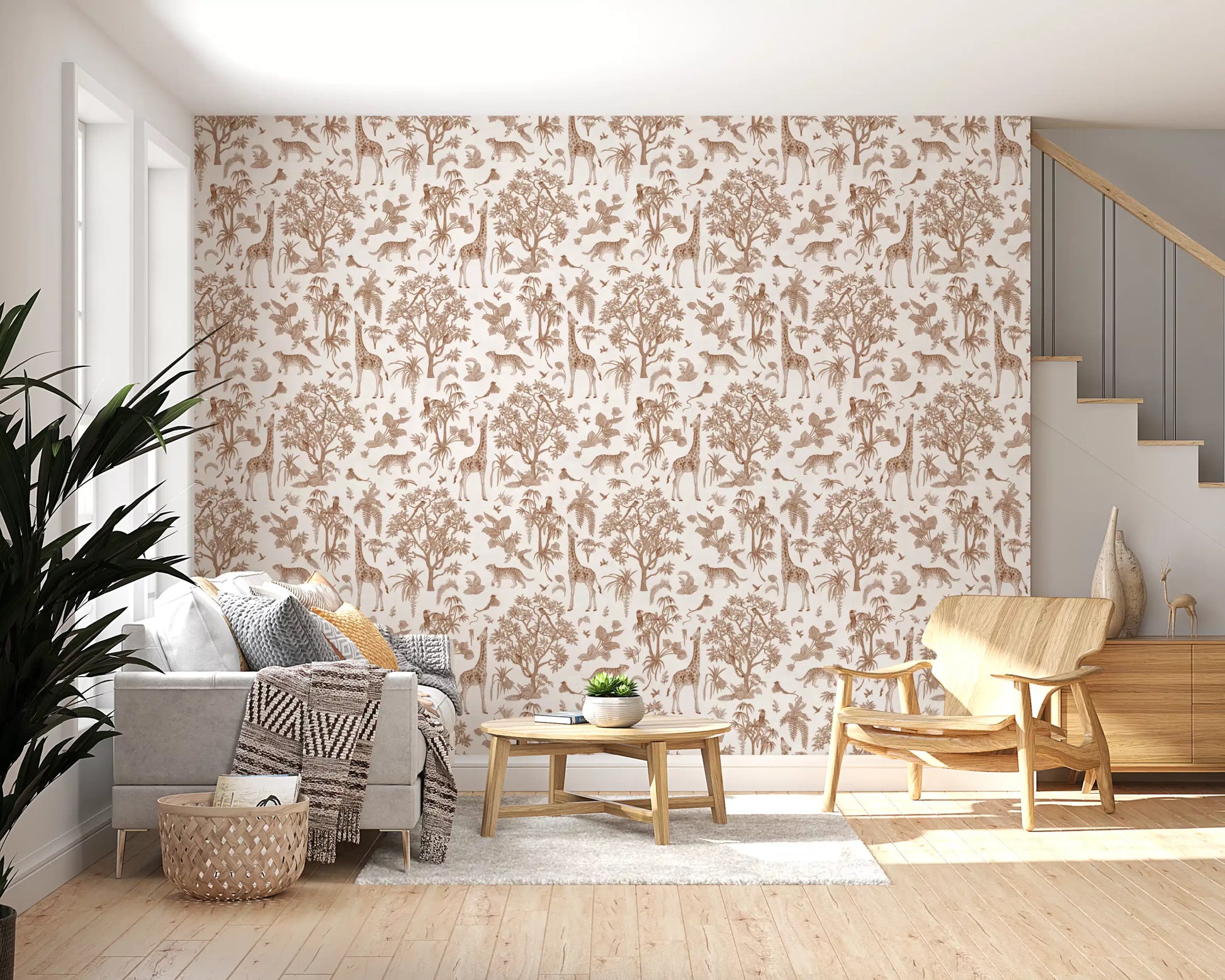 Monochromatic Wildlife Jungle Toile Wallpaper⁠