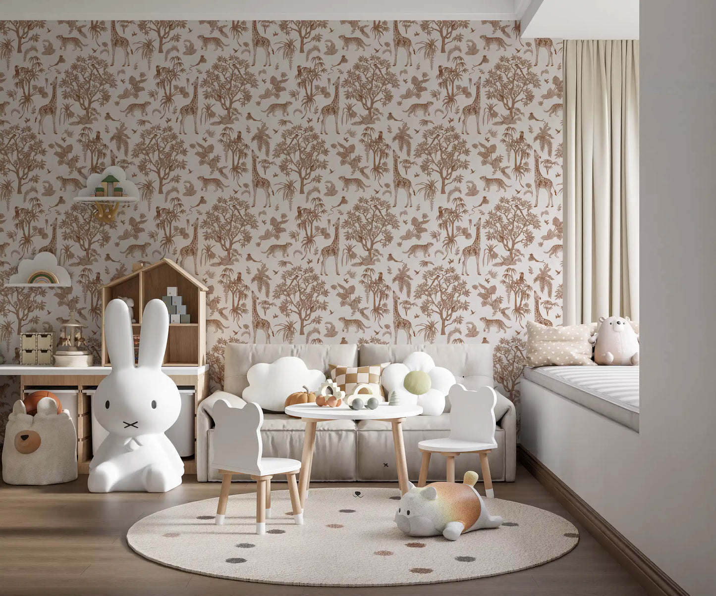 Monochromatic Wildlife Jungle Toile Wallpaper⁠