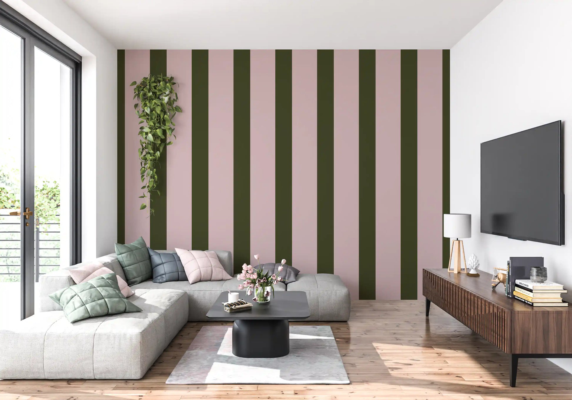 Olive Green and Dusty Rose Vertical Stripe Wallpaper⁠
