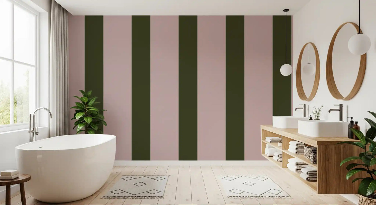 Olive Green and Dusty Rose Vertical Stripe Wallpaper⁠