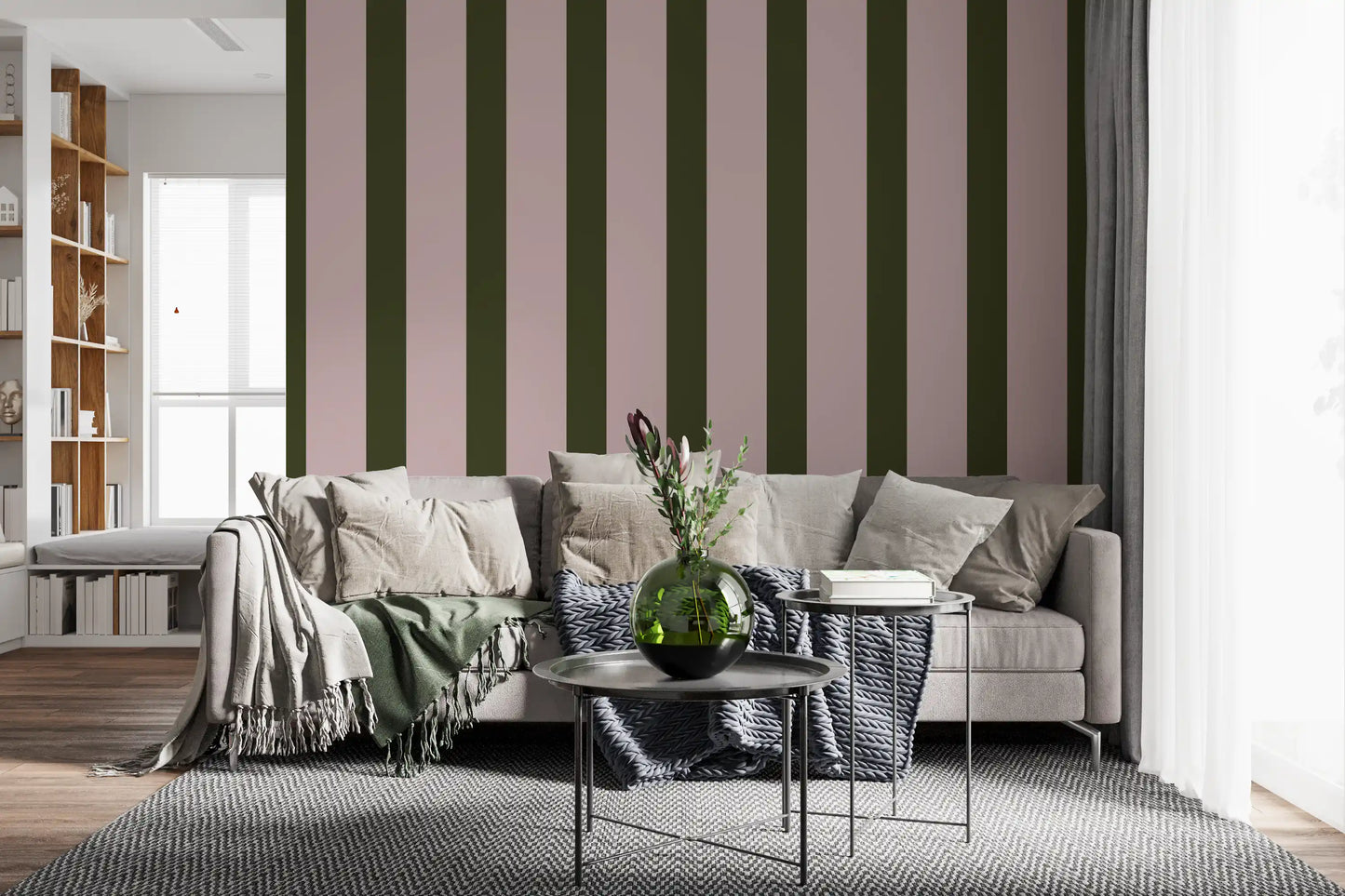 Olive Green and Dusty Rose Vertical Stripe Wallpaper⁠