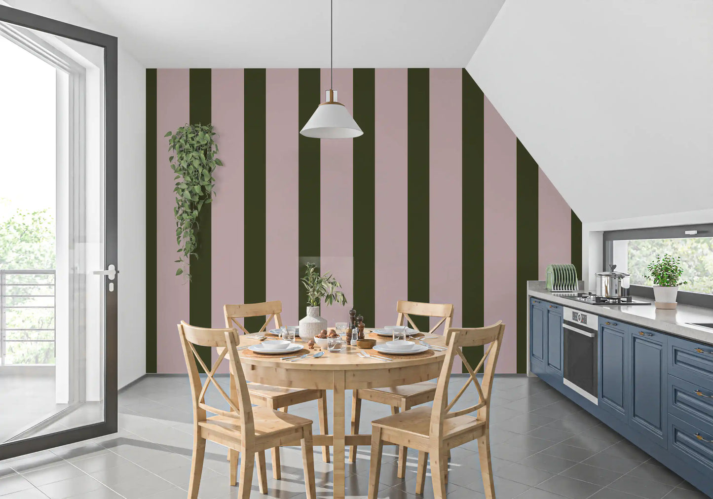 Olive Green and Dusty Rose Vertical Stripe Wallpaper⁠