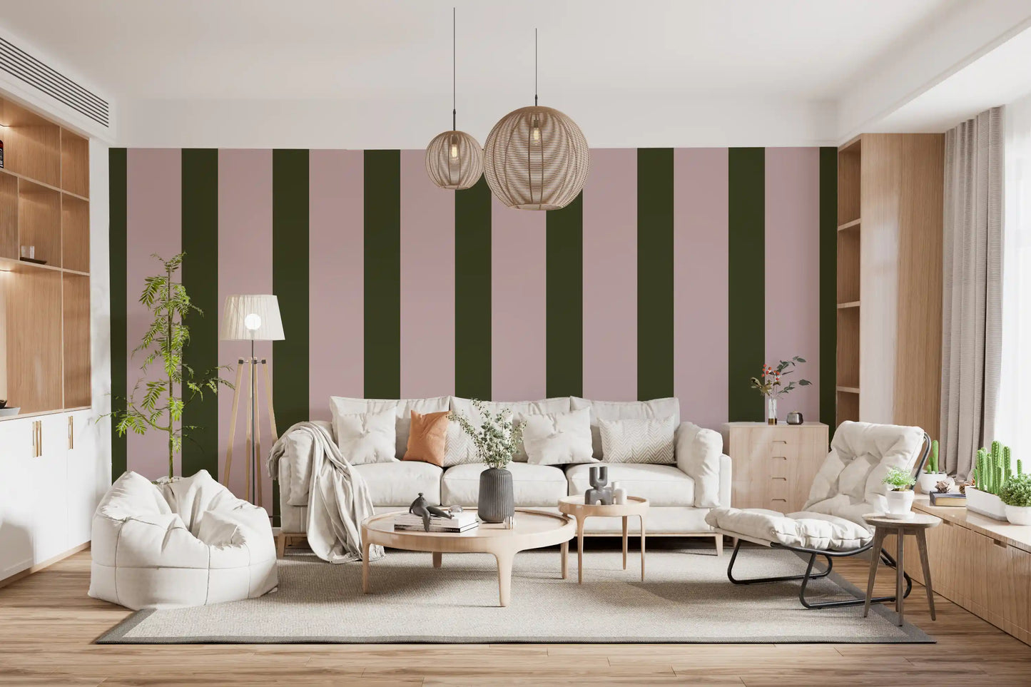 Olive Green and Dusty Rose Vertical Stripe Wallpaper⁠