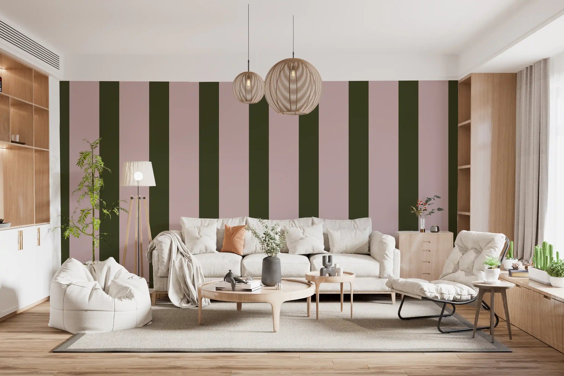 Olive Green and Dusty Rose Vertical Stripe Wallpaper⁠