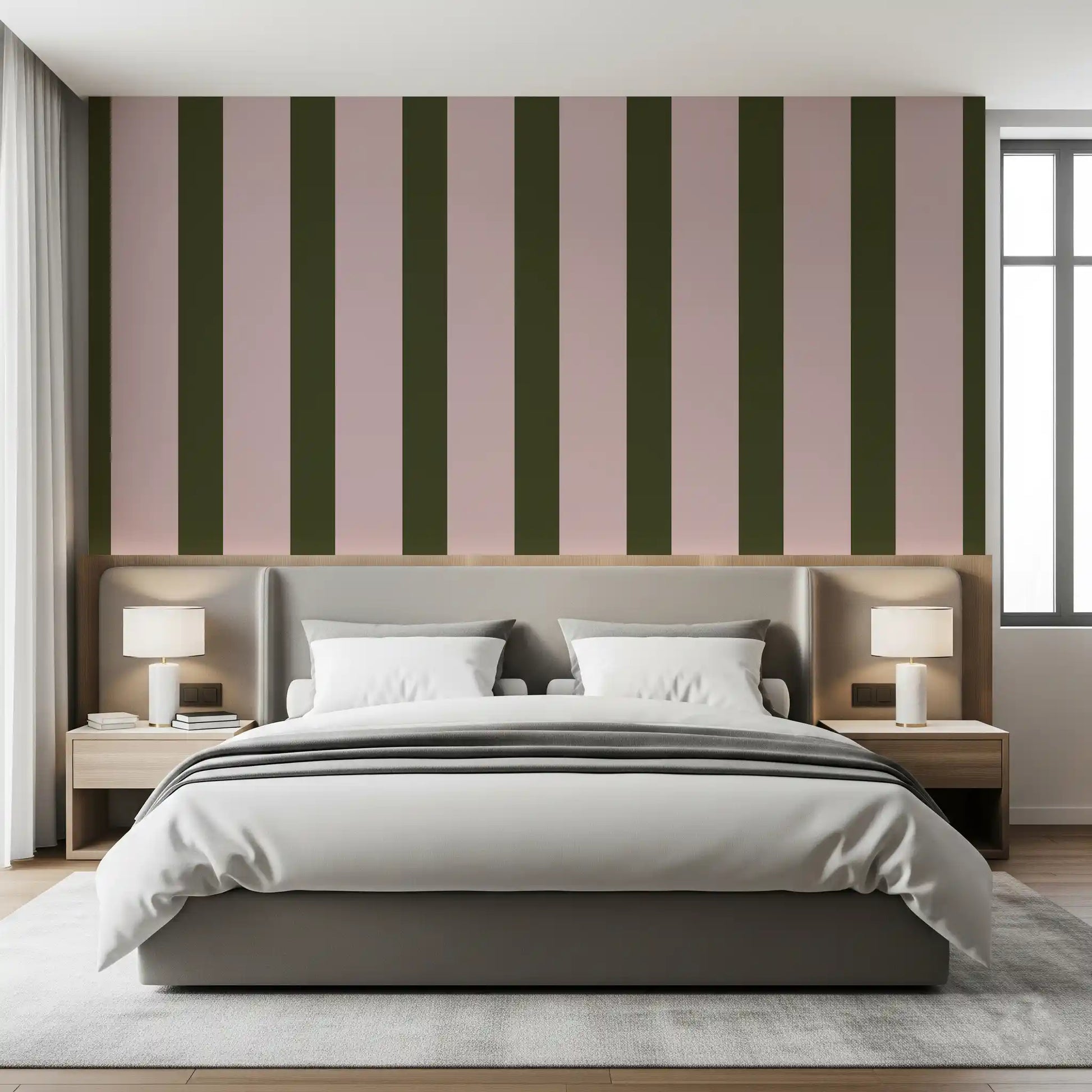 Olive Green and Dusty Rose Vertical Stripe Wallpaper⁠