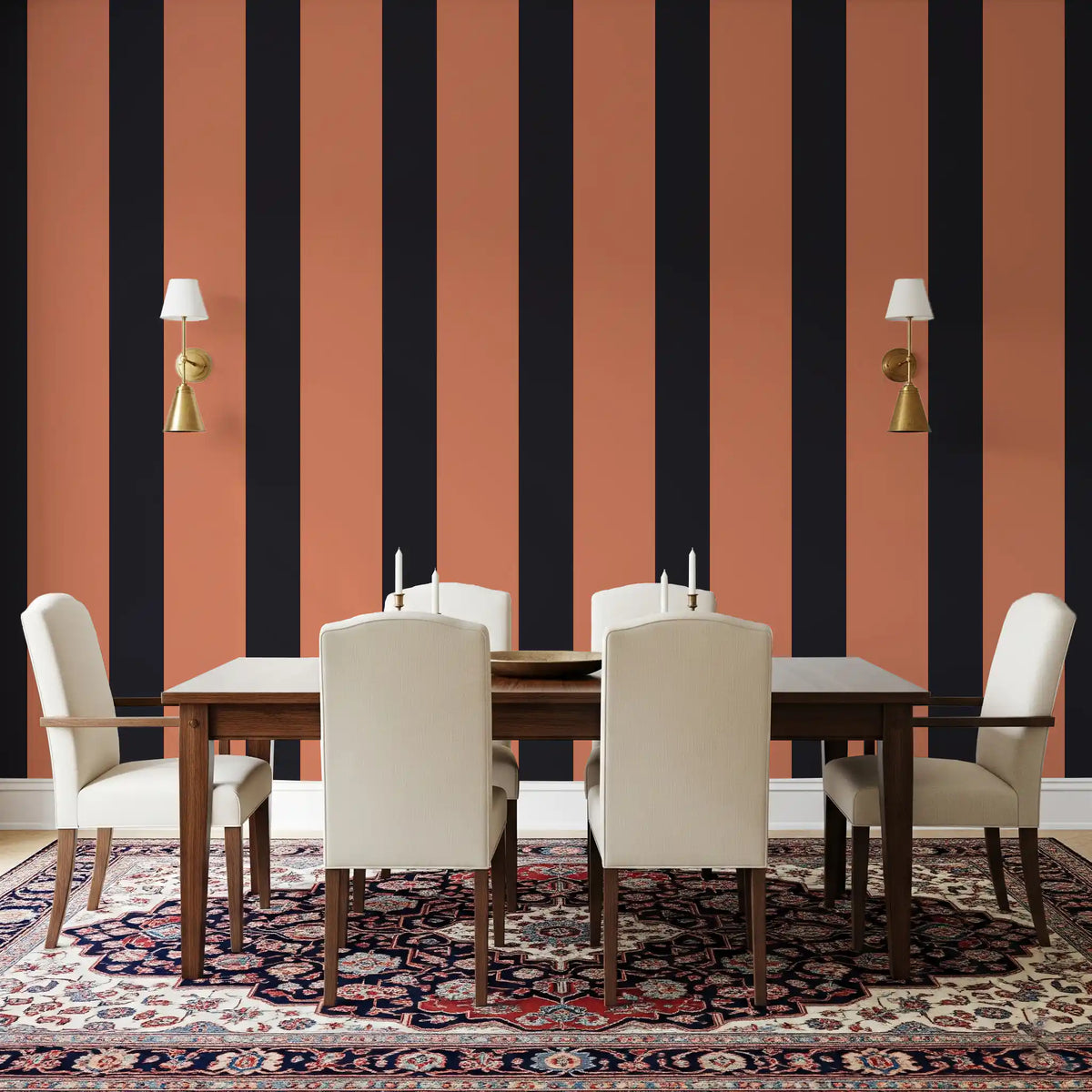 Orange and charcoal stripe wallpaper on a bold feature wall GD12439