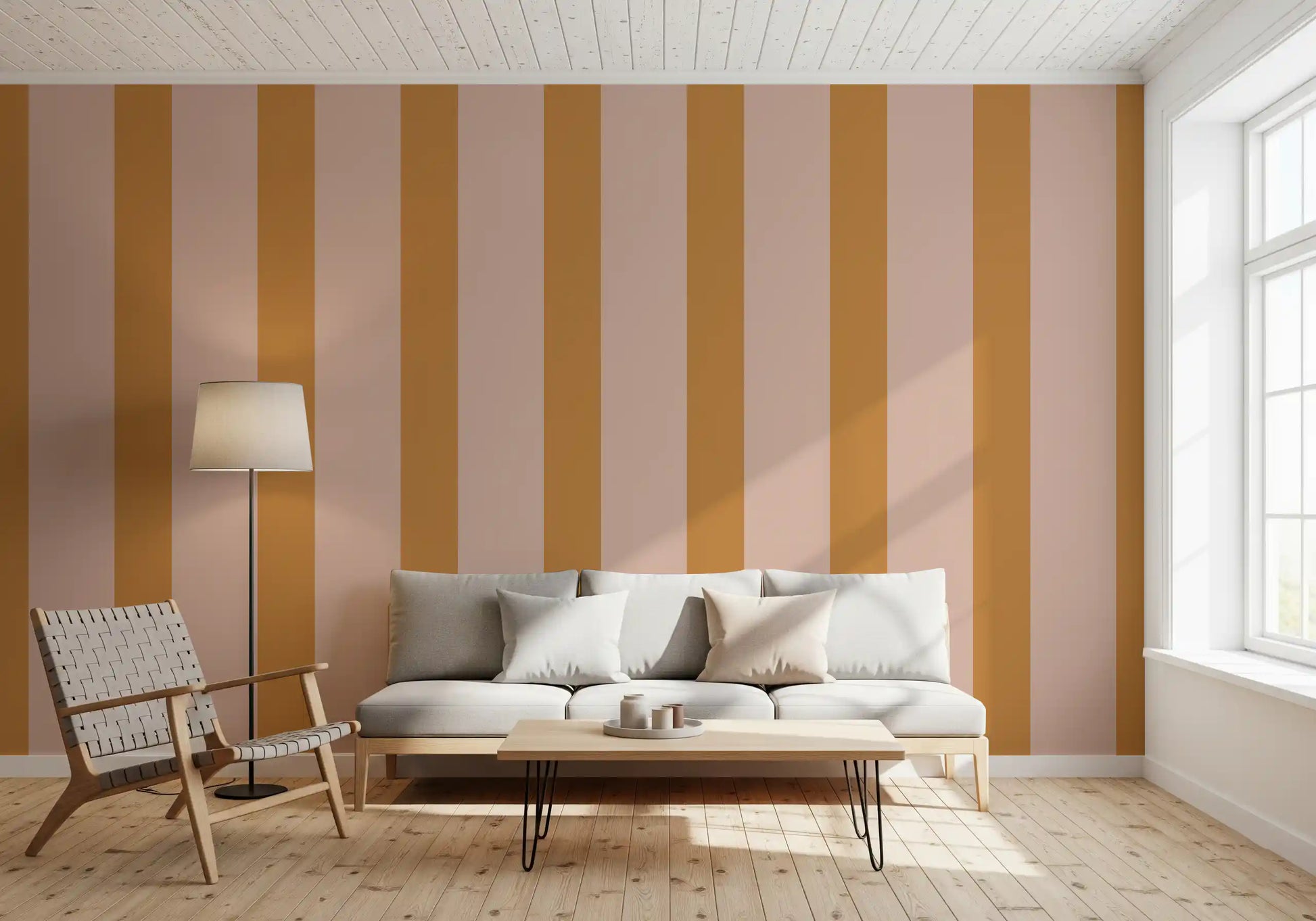 Ochre and Dusty Pink Vertical Stripes Wallpaper⁠