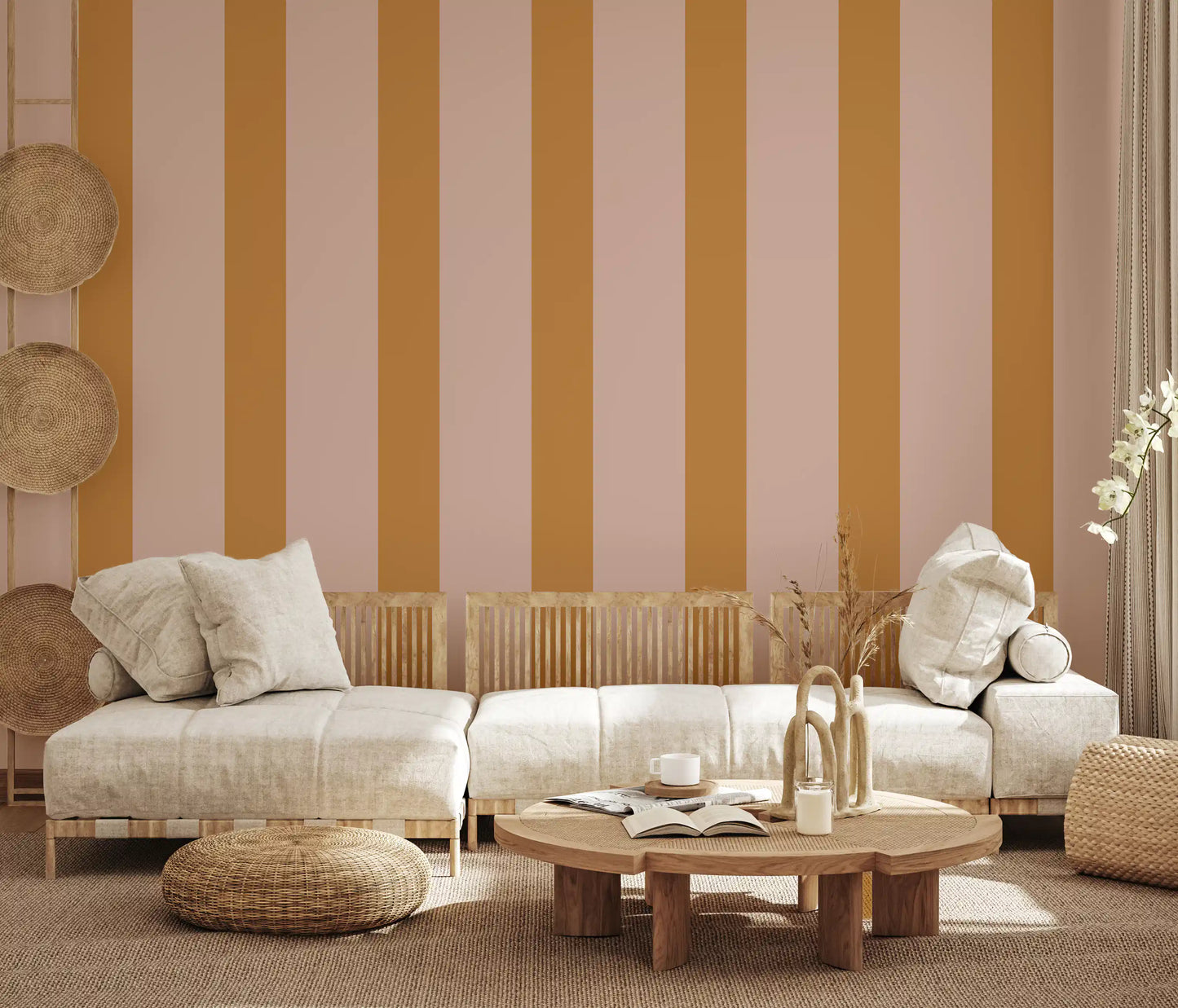Ochre and Dusty Pink Vertical Stripes Wallpaper⁠