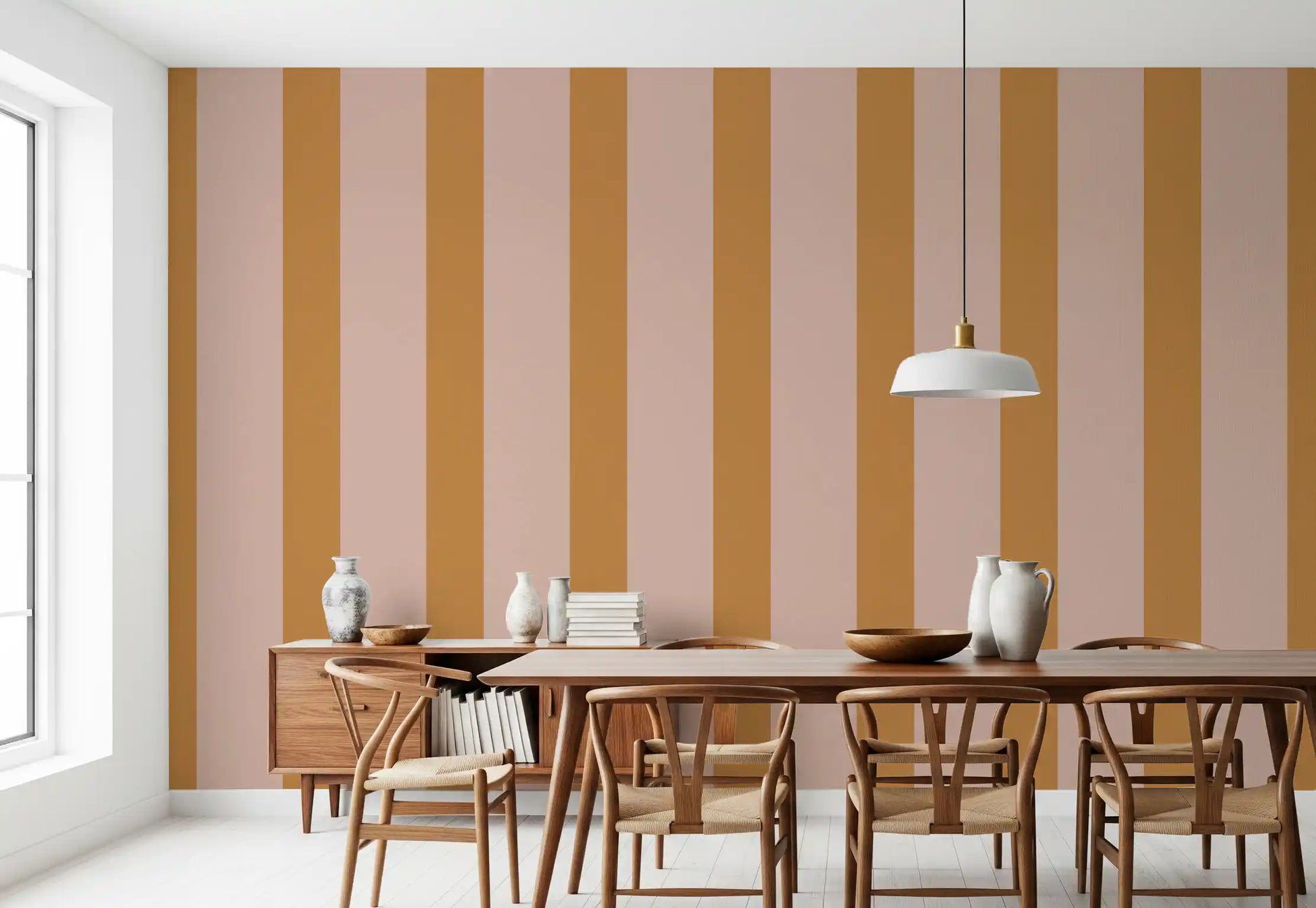 Ochre and Dusty Pink Vertical Stripes Wallpaper⁠