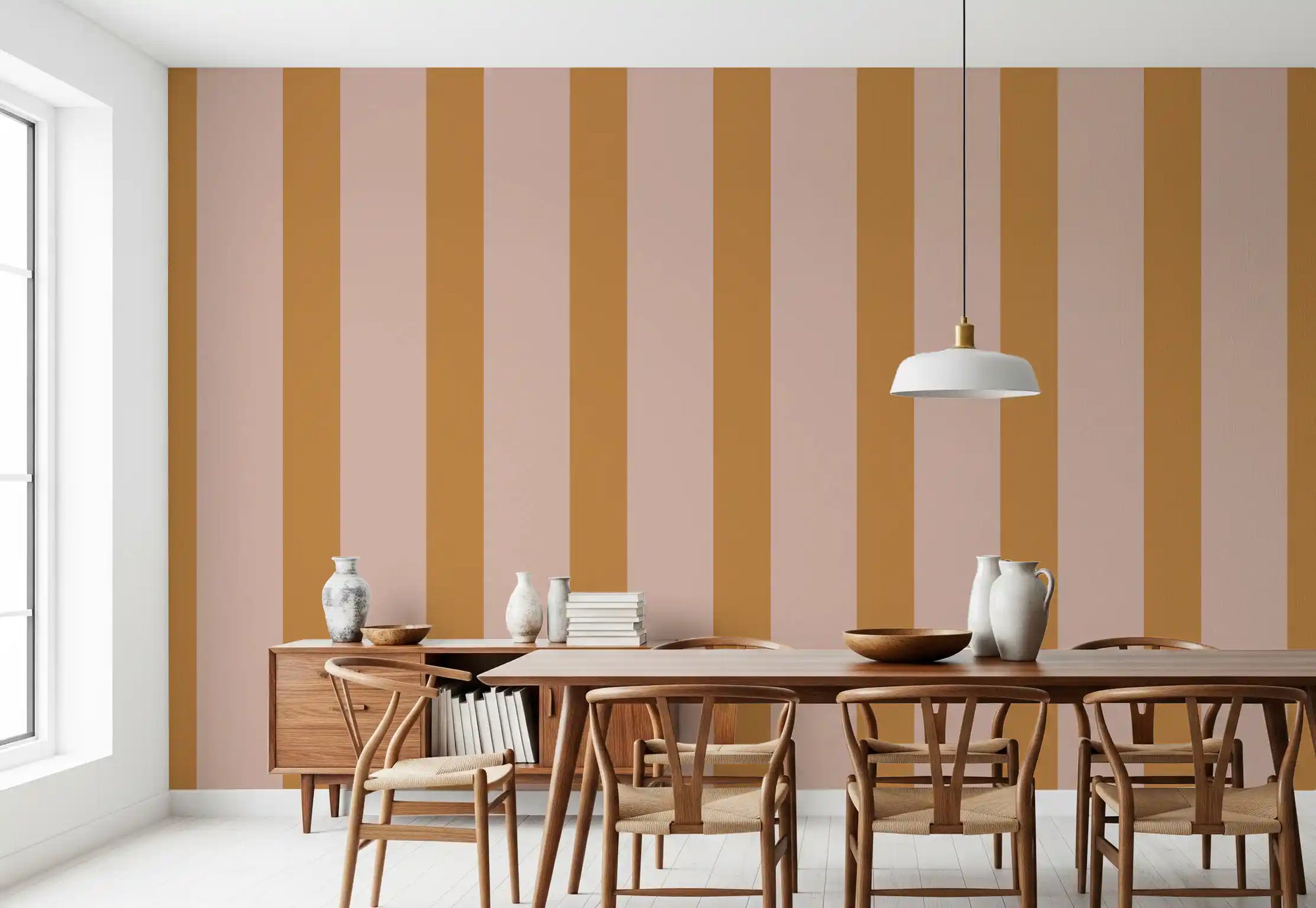 Ochre and Dusty Pink Vertical Stripes Wallpaper⁠