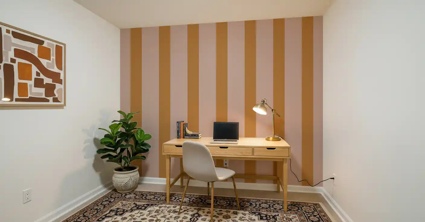 Ochre and Dusty Pink Vertical Stripes Wallpaper⁠