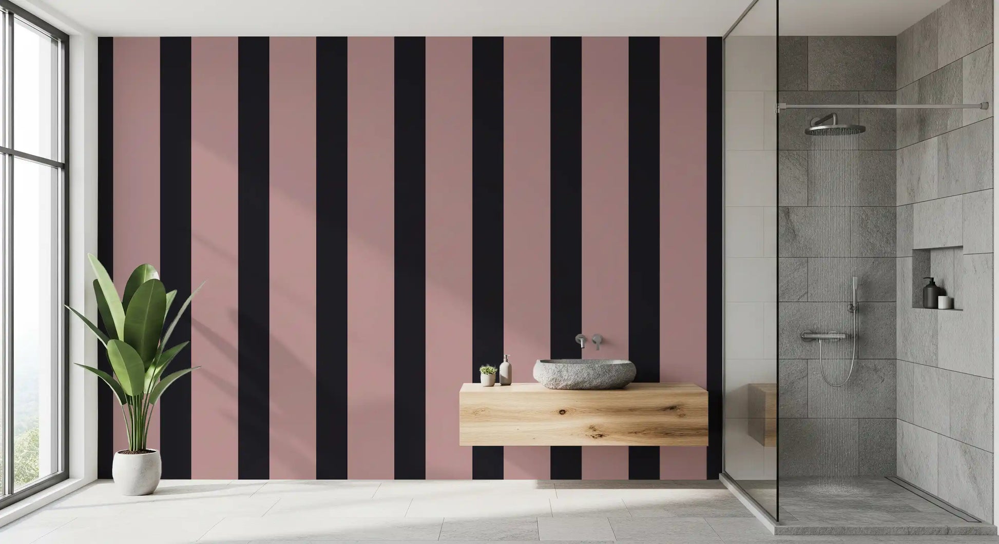 Charcoal and Dusky Pink Stripes Wallpaper⁠