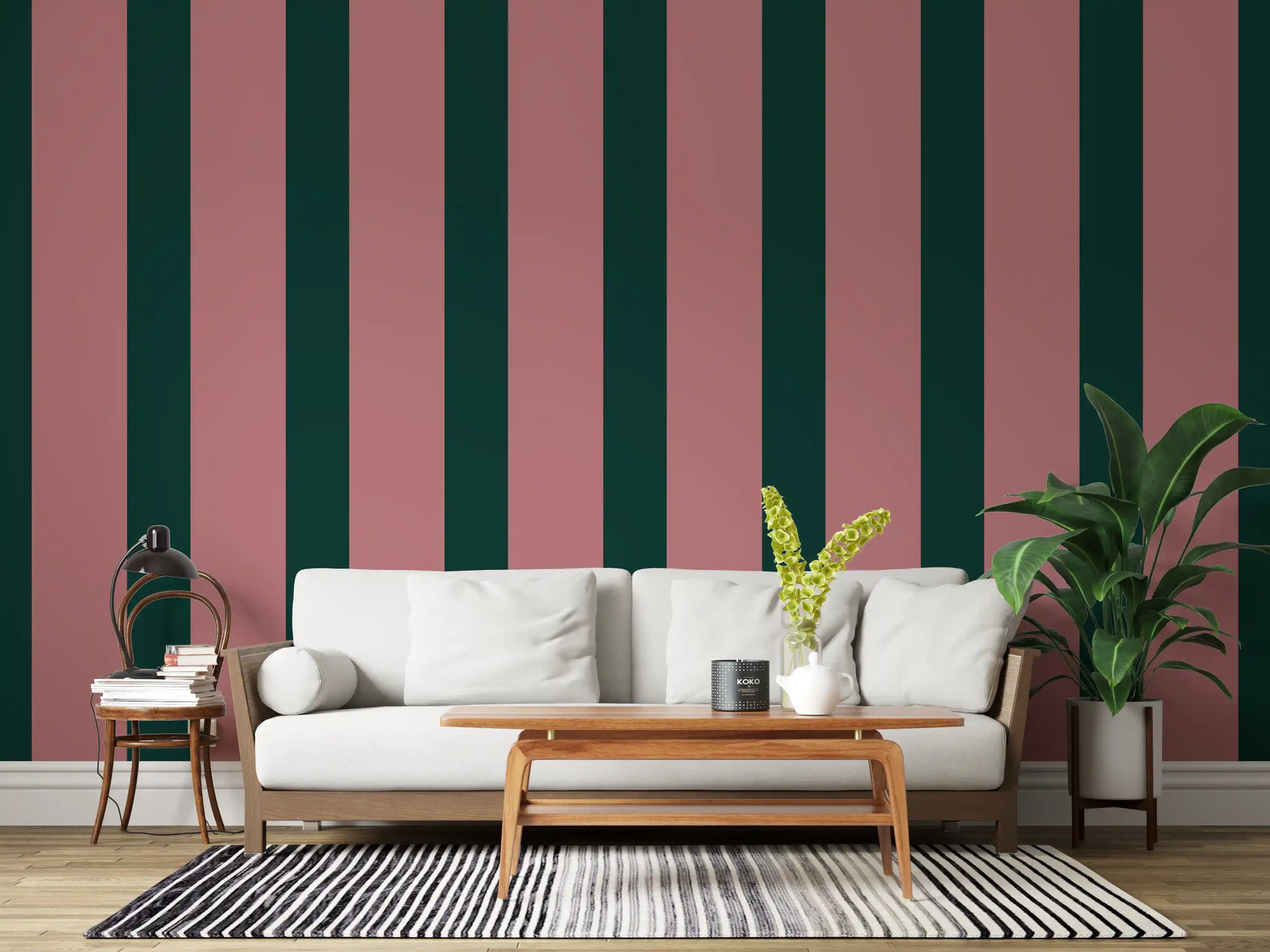 Deep Forest and Dusky Pink Vertical Stripes Wallpaper⁠