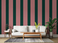 Deep Forest and Dusky Pink Vertical Stripes Wallpaper⁠