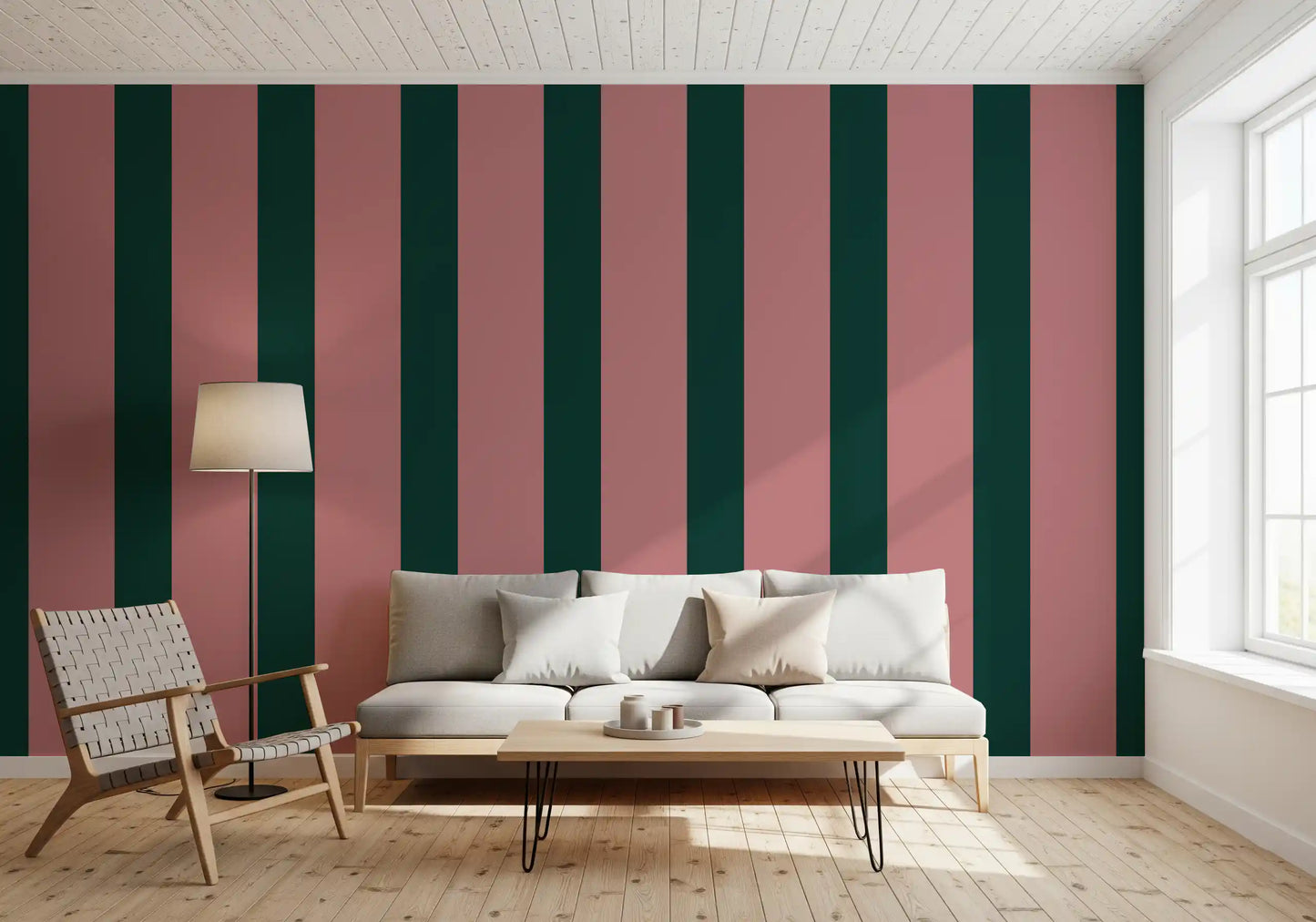 Deep Forest and Dusky Pink Vertical Stripes Wallpaper⁠