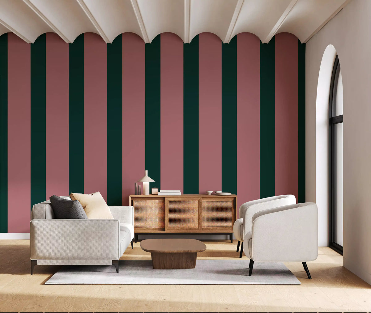 Green and pink striped wallpaper in an arched living room with a cane sideboard GD12442
