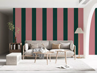 Deep Forest and Dusky Pink Vertical Stripes Wallpaper⁠