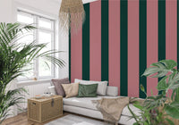 Deep Forest and Dusky Pink Vertical Stripes Wallpaper⁠