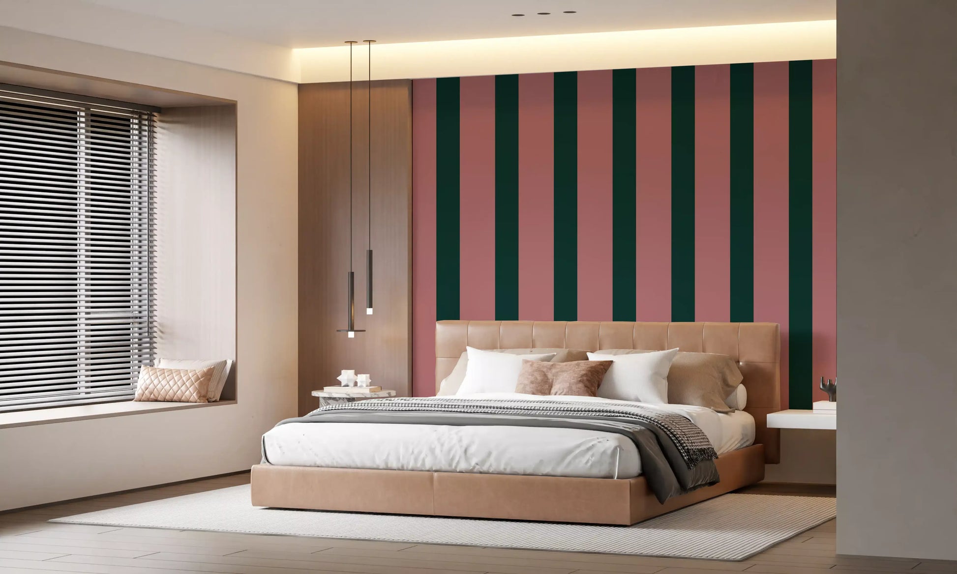 Deep Forest and Dusky Pink Vertical Stripes Wallpaper⁠