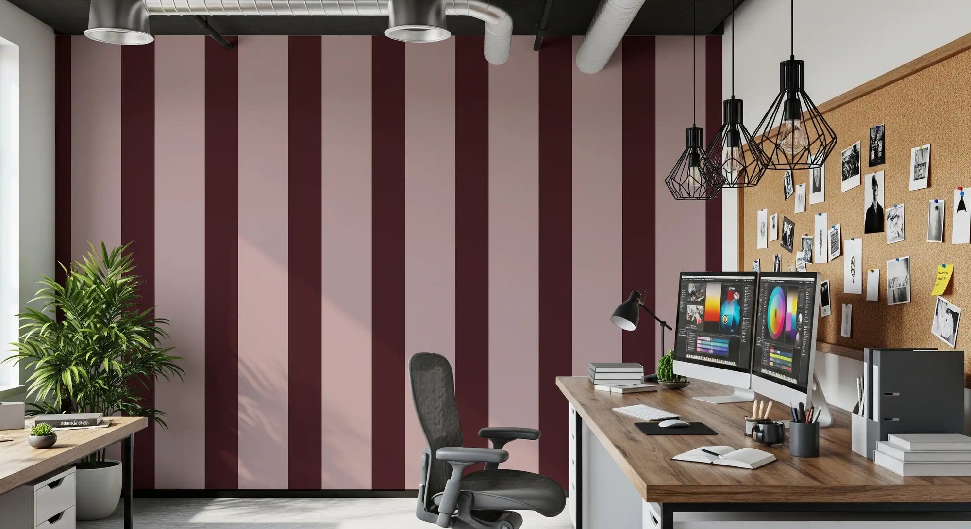 Taupe and brown stripe wallpaper in a home office with a desk and monitor GD12443