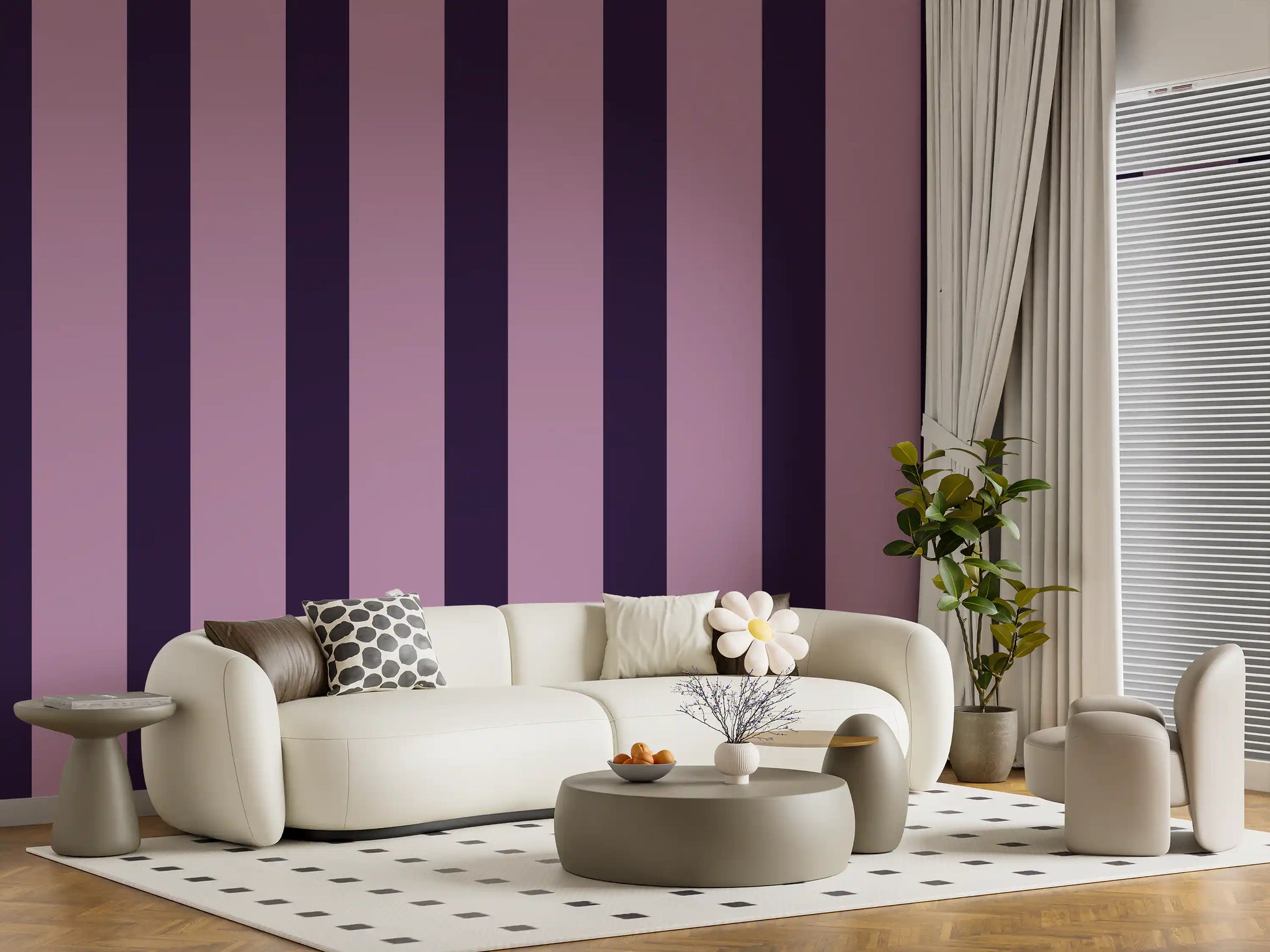 Deep Plum and Soft Lilac Vertical Stripes Wallpaper⁠
