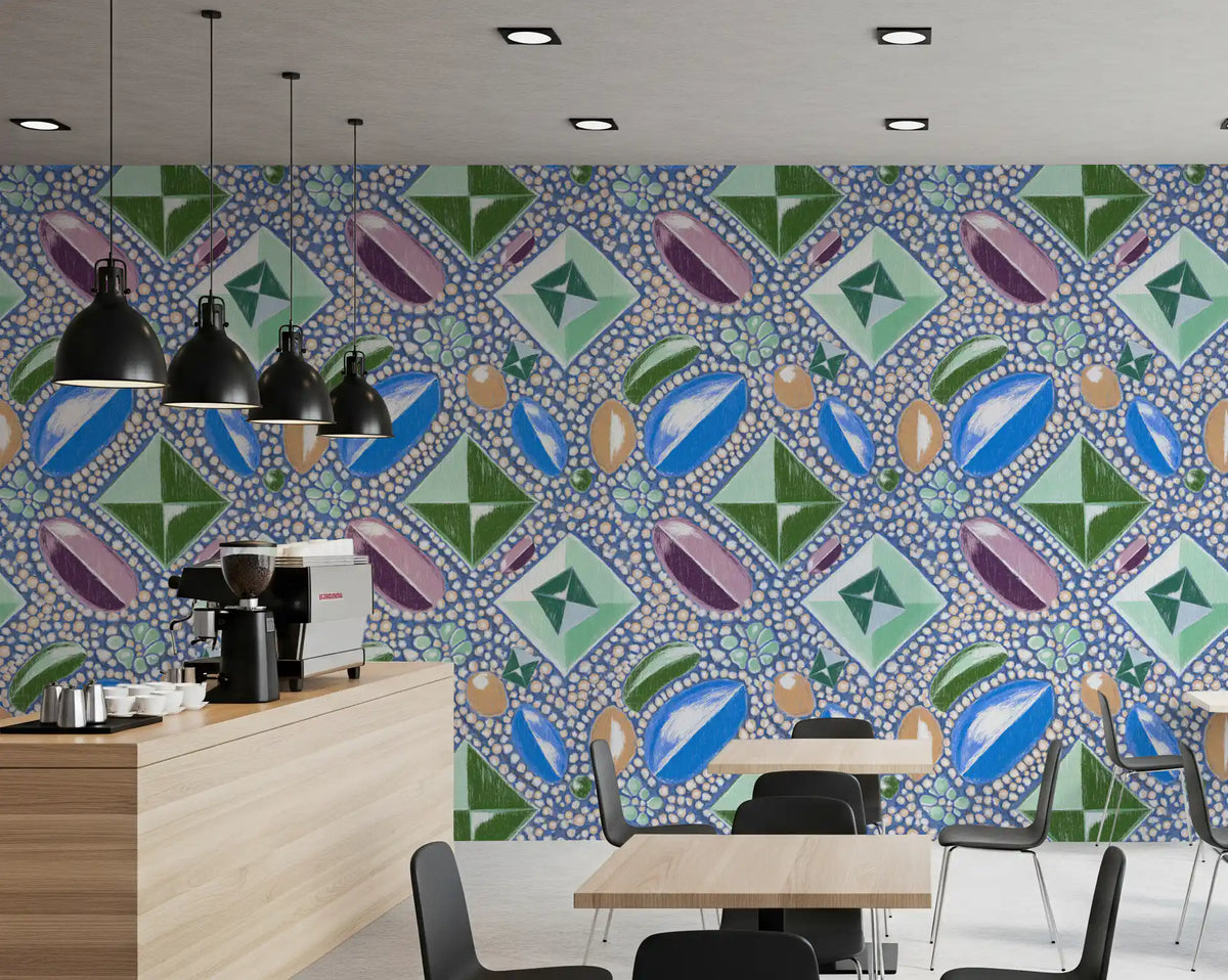Blue and green gemstone abstract wallpaper in a modern kitchen cafe GD12448